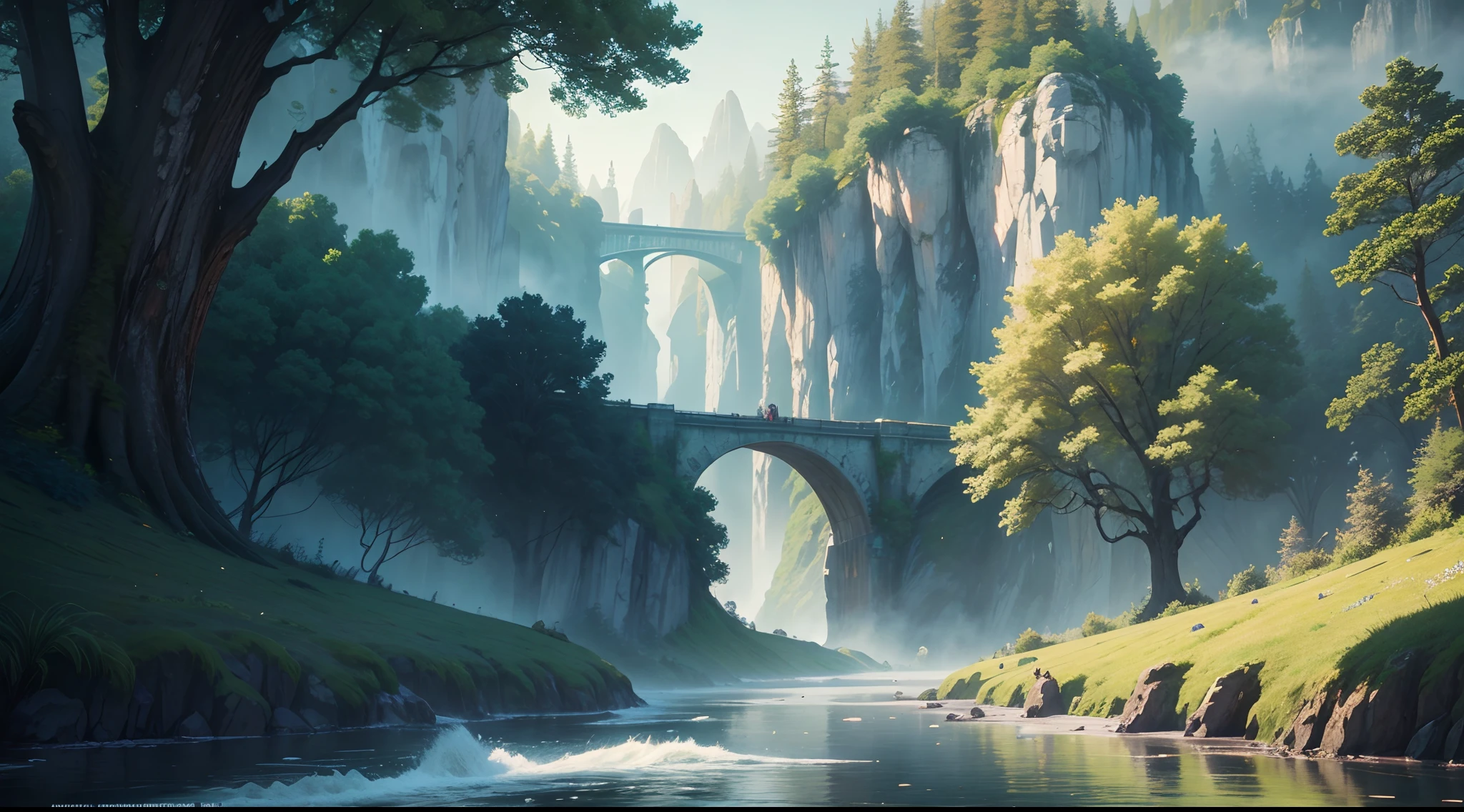 analogue style,ChromaV5,nvinkpunk,(Extremely detailed Cg Unity 8K wallpaper),Image of a majestic river, Trees on both sides, small waterfalls, dense fog ,award winning photography, color difference, Detailed , hdr, full bloom, Monet style, Pissarro, and Sisley ,trending on artstationh, trending on CGSociety, art by midjourney