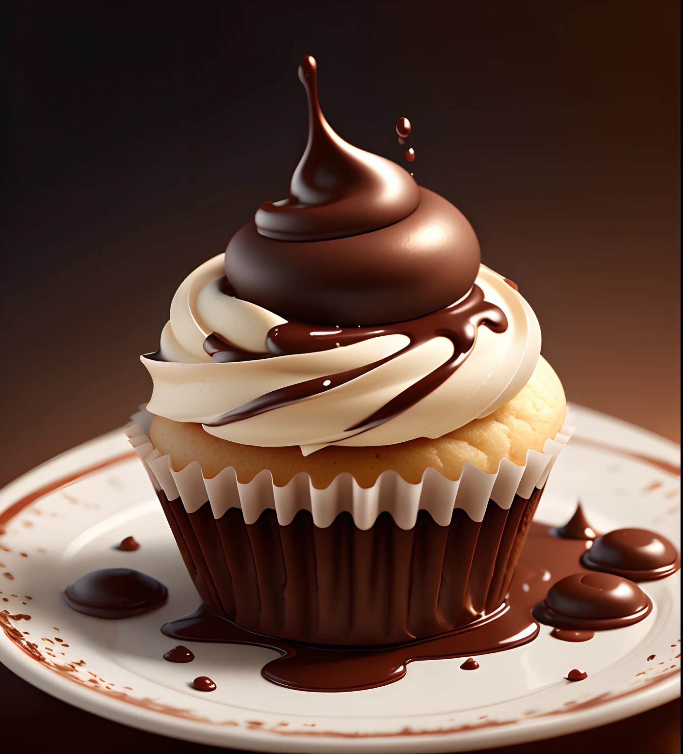 Cupcakes, chocolate, liquid splashes, merging, melted, spatter, droplets, blend, disappear, blasts, Swirling, intricately details, ModelShoot style, DreamlikeArt, Dramatic lighting. 8K, Highly detailed, Trending ArtStation