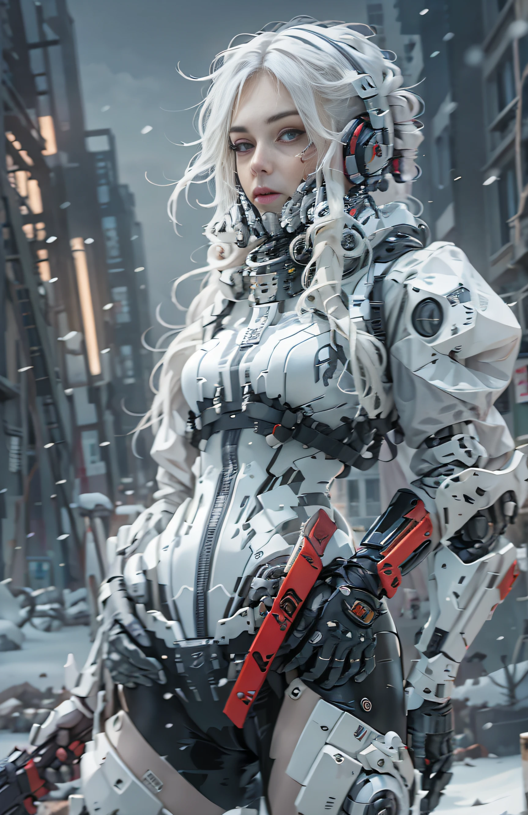 This is a hyper-detail、Ultra-high facial detail，High resolution and top quality CG Unity 8k wallpaper，Photorealistic, Solo, Hips up,The style is cyberpunk，Mainly black and red。In the picture, A tall beautiful girl appears，Snow background，long  white hair，s delicate face，Wearing a steam mech，standing on ruins，The action of a woman holding a heavy sniper rifle in her hand