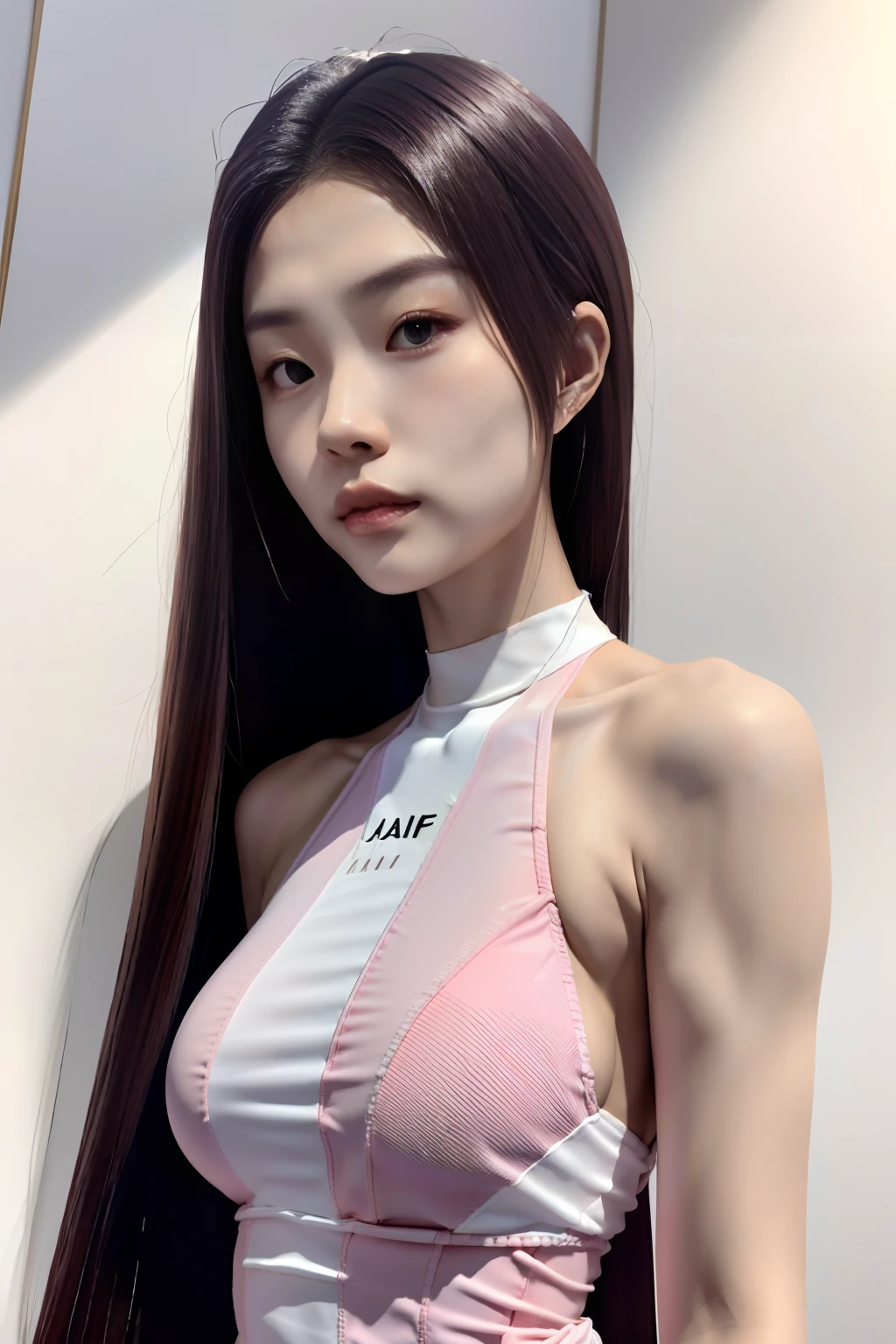 A 24-year-old female,(high-top fade:1.3),Flax-pink blonde long straight hair,dark themes,soothing tones,pastel colour,hight contrast,(Natural skin texture,ultra-realistic realism,the soft light,Sharp),Hands behind your back,shift dresses