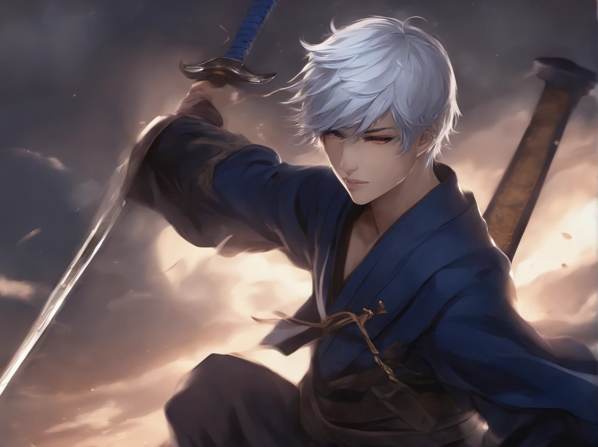 Create a Japanese anime style character, male with short platinum hair, wearing a dark blue costume, holding a sword, scar on his face, about 20 years old