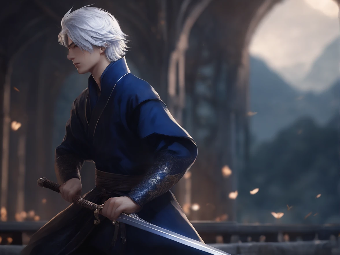 Create a Japanese anime style character, male with short platinum hair, wearing a dark blue costume, holding a sword, scar on his face, about 20 years old