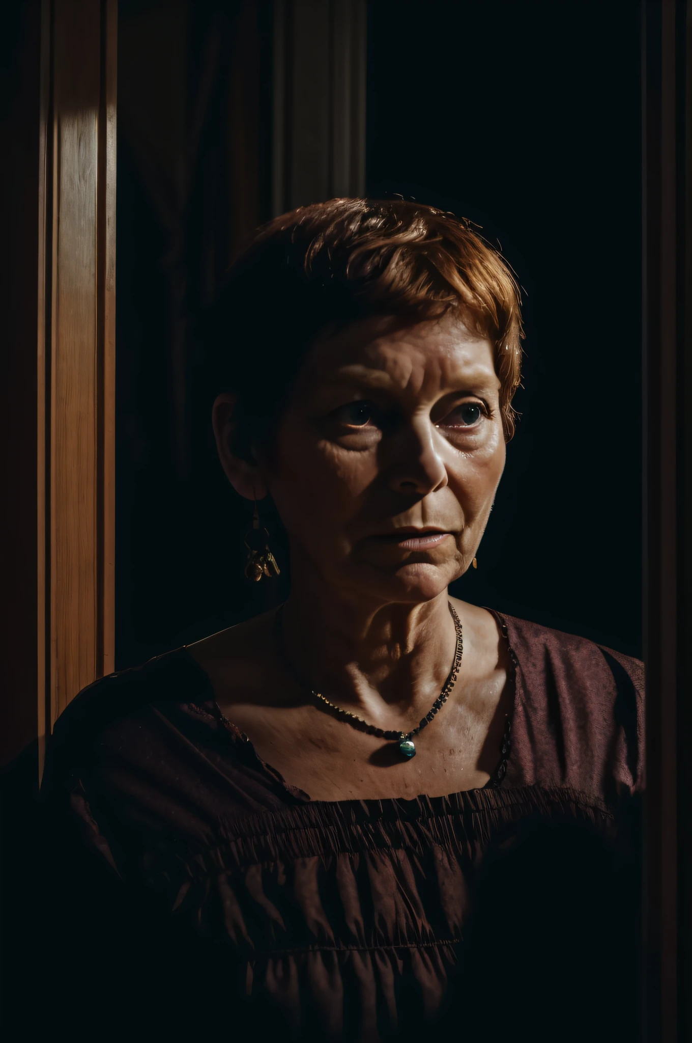 The Haunting Glow of Yolande's Past
In a dimly lit room, Yolande, a 60-year-old woman, stands wearing a vintage dress that seems to sell stories of its own. The colors of the room shift between a haunting #F2ECBE and a mysterious #9A3B3B. As she gazes into the distance, a monstrous shadow with a glowing #64CCC5 effect looms behind her. The room is filled with old portraits, each with eyes that seem to follow her every move. A cold wind blows, making the curtains flutter, and a soft, sinister whisper can be heard, echoing Yolande's name in a chilling tone. The wooden floorboards creak beneath her, and a trail of wet footprints appears, leading to a locked door she never noticed before. As she approaches the door, it slowly creaks open, revealing a pitch-black void from which faint cries of anguish emanate.