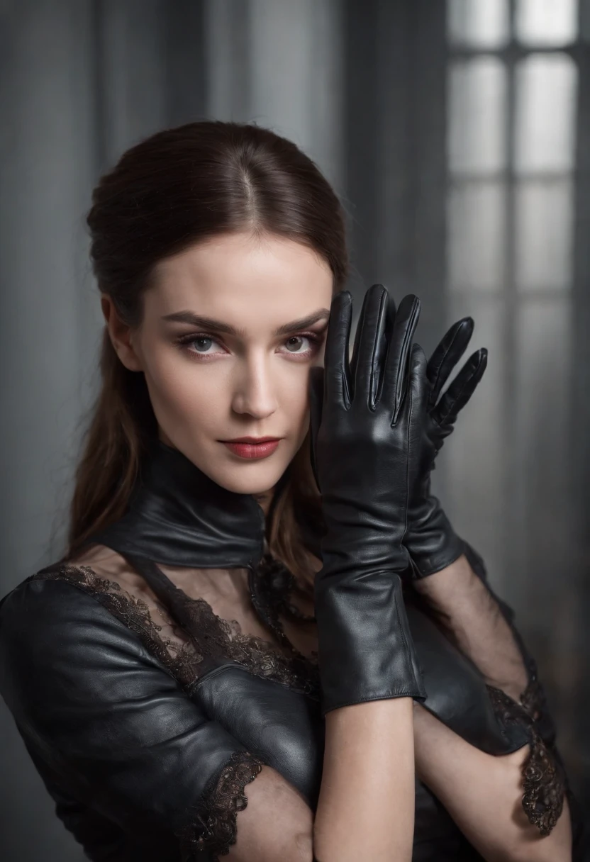 Black leather gloves with five fingers in both hands, a mysterious queen whose face and whole body are veiled