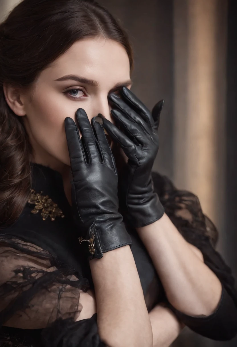 Black leather gloves with five fingers in both hands, a mysterious queen whose face and whole body are veiled