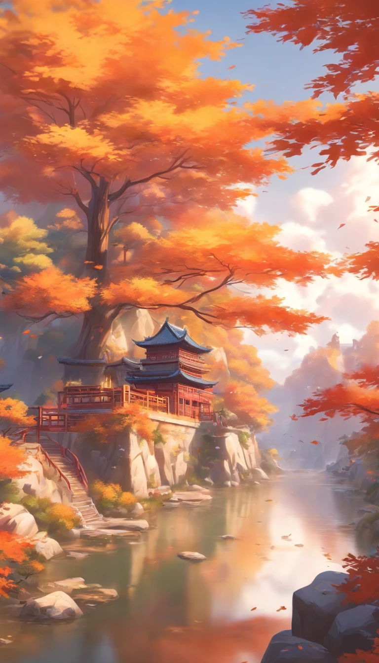 China-style,Ultra-wide angle of view,Beautiful view of autumn,mont,Eau,Cloud fog,fall foliage,oc rendered,high qulity,8K,super-fine,Hyper-realistic,Ultra photo realsisim,35mm camera lens,ultra - detailed