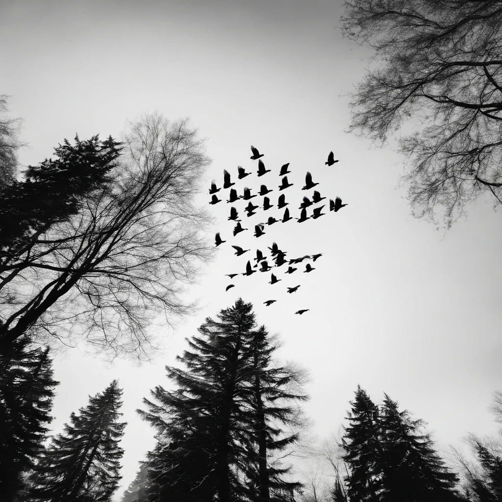 ((masterpiece)), ((best quality)), 8k, high detailed, ultra-detailed,black and white photography，
Look up at the view，A group of wild geese forming a V-shape are streaking high in the air。Their black silhouette is clearly reflected in the clear sky。A large dead leaf fell from the branch，Slowly fall towards the camera
