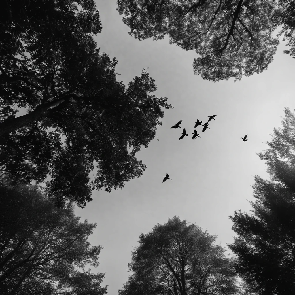 ((masterpiece)), ((best quality)), 8k, high detailed, ultra-detailed,black and white photography，
Look up at the view，A group of wild geese forming a V-shape are streaking high in the air。Their black silhouette is clearly reflected in the clear sky。A large dead leaf fell from the branch，Slowly fall towards the camera