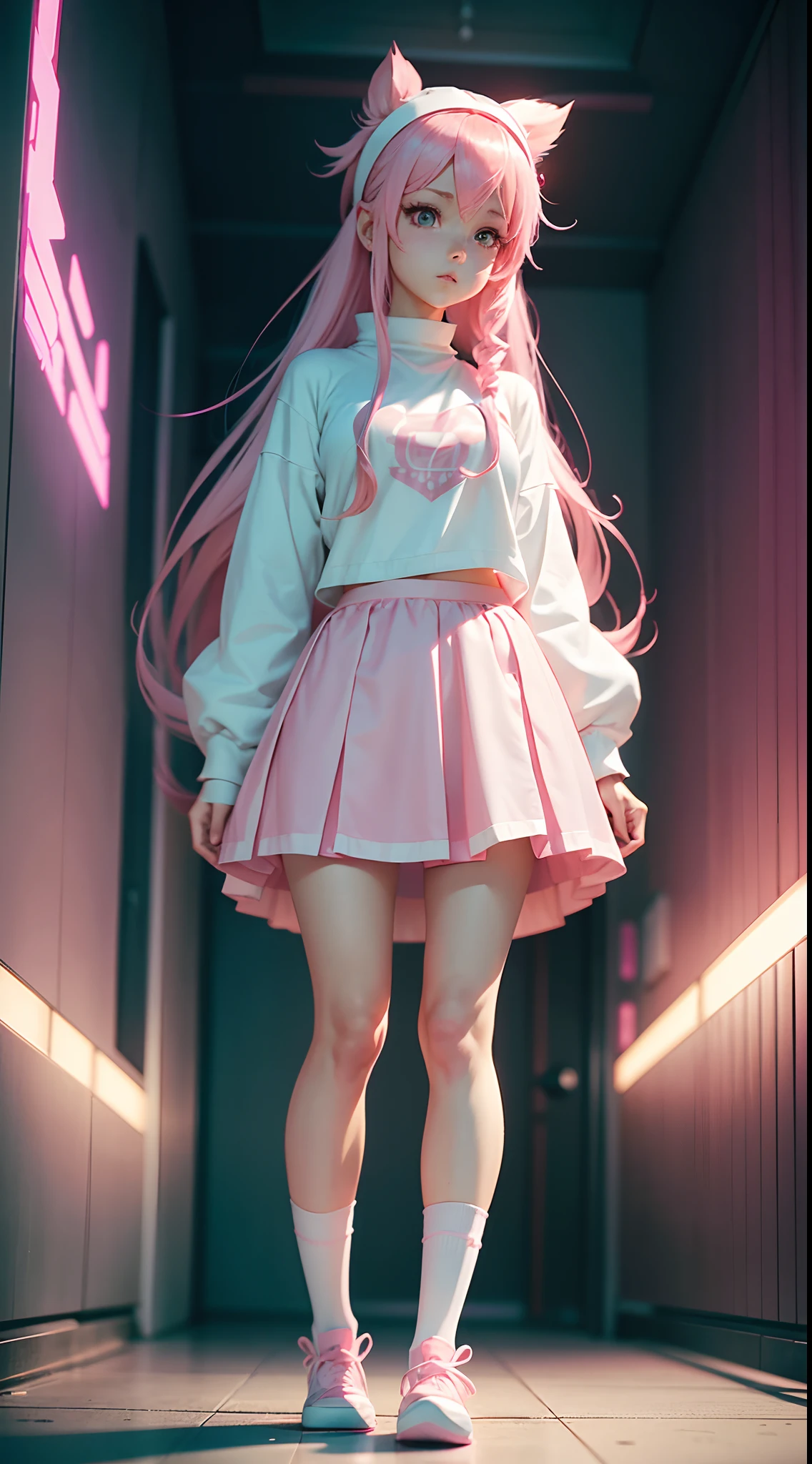 anime character, cute female, long light pink hair, wearing a white headband, pink eyes, and dressed in white with long sleeves. The skirt and socks are white and pink.ultra detail, lighting cinematic, 4x resolution, anime style, skirt not too short,