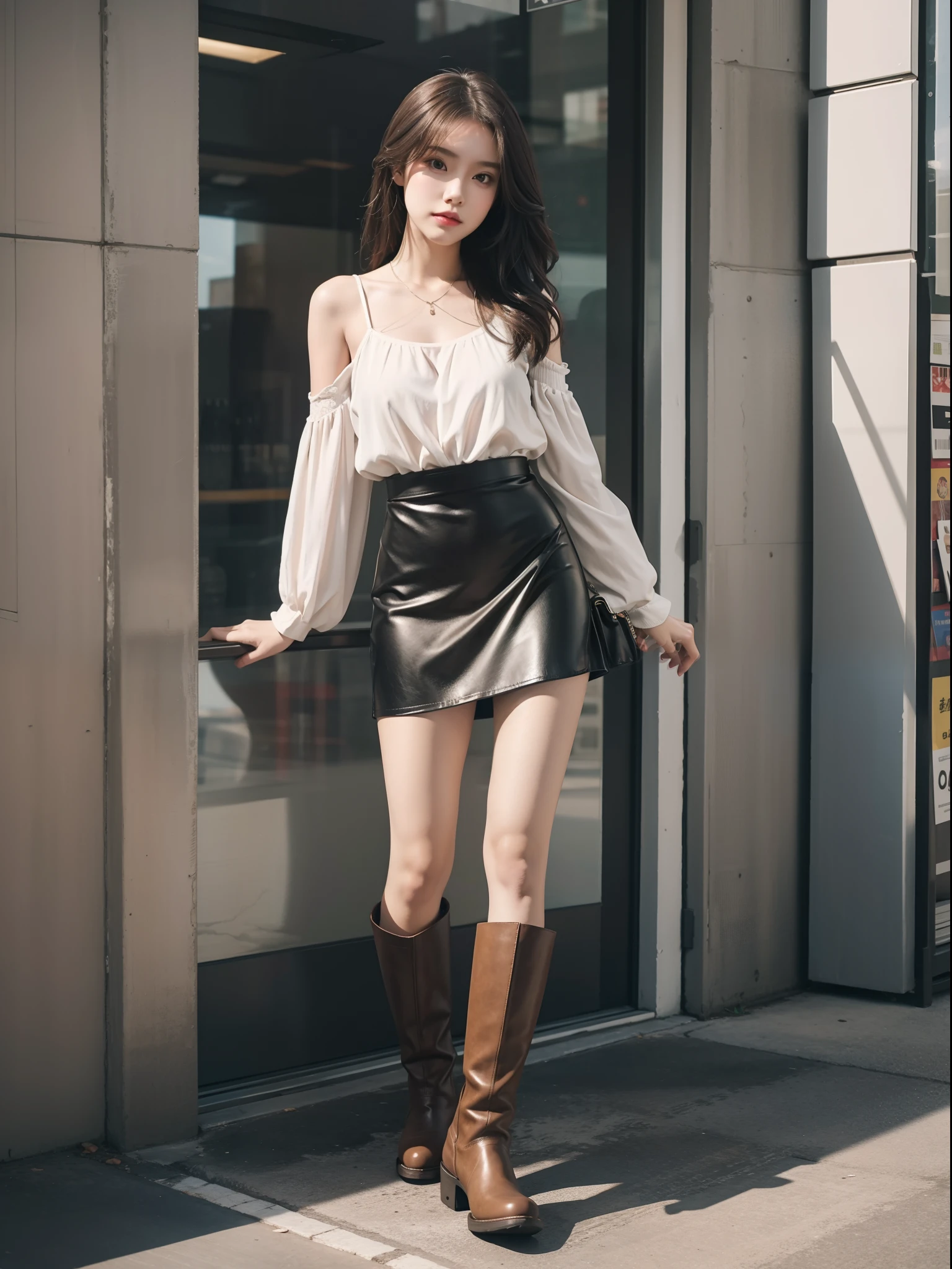 one-girl,full bodyesbian,Stand in a casual position,High-rise casual suit slip dress,Wear a skirt on the lower body,Wear boots,Leather boots,手拿手提包,hyper HD, High detail, Masterpiece, super detailing, High quality, High detail, Best quality, 16k,High contrast