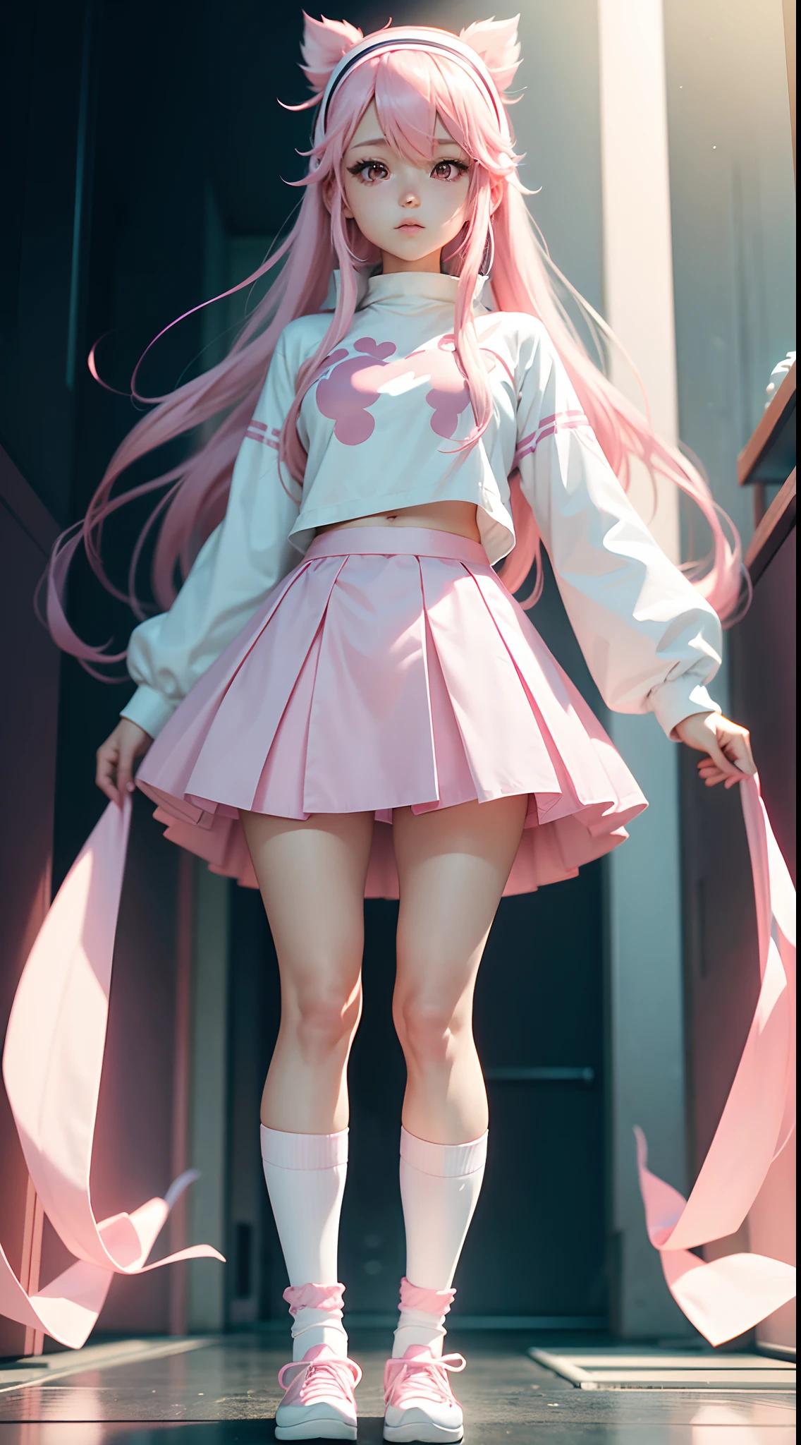 anime character, cute female, long light pink hair, wearing a white headband, pink eyes, and dressed in white with long sleeves. The skirt and socks are white and pink.ultra detail, lighting cinematic, 4x resolution, anime style, skirt not too short,