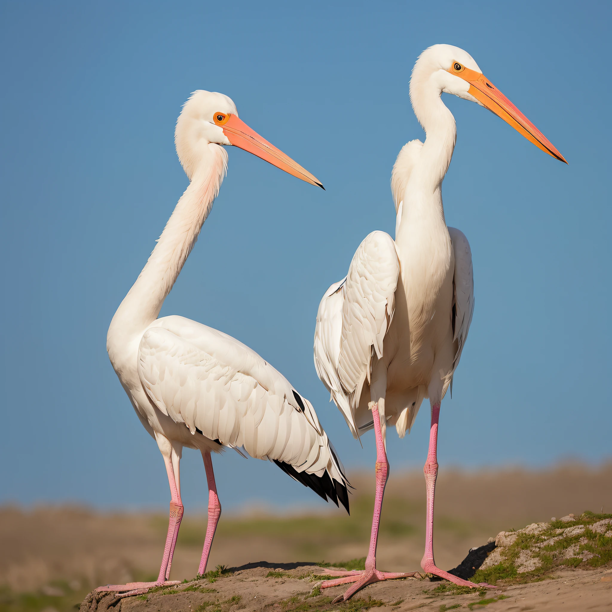 an Asian stork, standing pose, seen from the side, no background, solid blue background