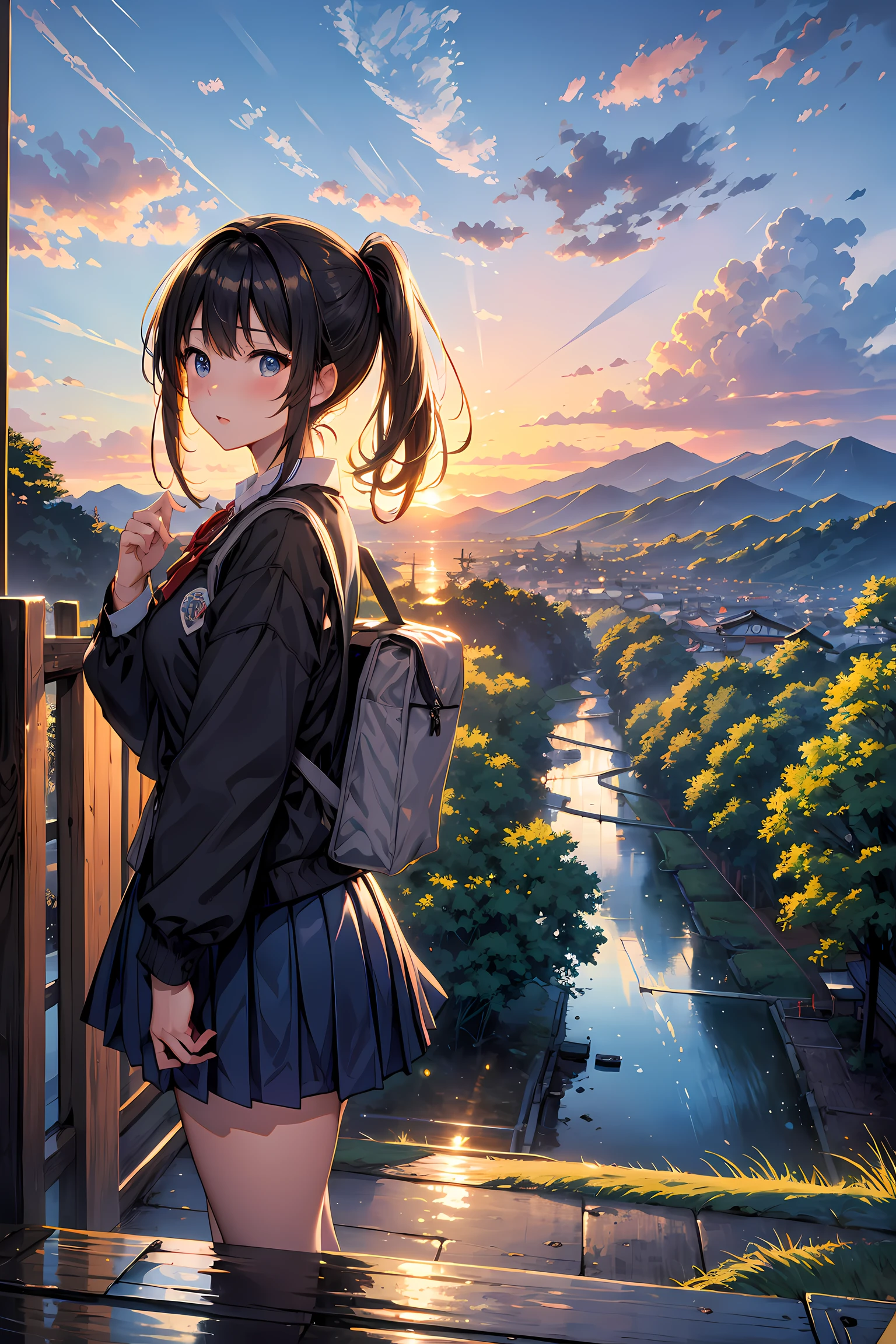High school girl running towards rainbow hanging towards the mountain、A big, beautiful rainbow on the mountains、Japanese high school girl、wearing a school uniform、Road after rain、rice fields、mont、rainbows、countryside view、Countryside landscape in Japan、Sunset、red dragonfly、splash playing red flies background,