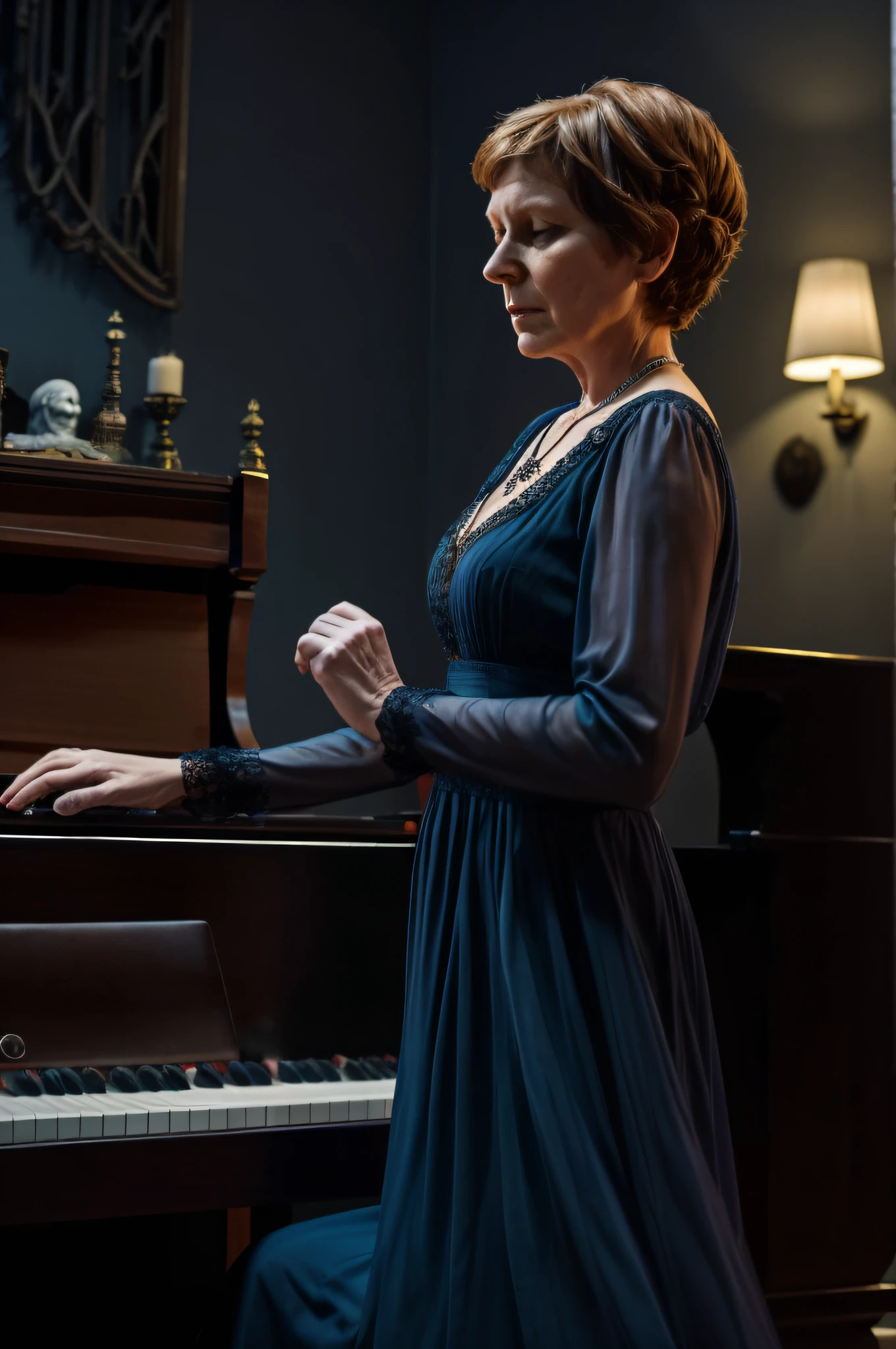 Yolande's Eerie Melody
Amidst a backdrop of contrasting colors #C63D2F and #FFBB5C, Yolande, in a dress that seems to be selling tales of horror, plays an old piano. Each note releases a creature with a #053B50 glow effect, dancing to her eerie tune. The room is filled with a thick mist, and the chandelier above sways gently, casting ghostly reflections on the floor. Suddenly, the piano keys begin to play on their own, producing a haunting melody. From beneath the piano, skeletal hands reach out, trying to grasp at Yolande's feet. As she continues to play, the walls begin to bleed, forming words that spell out a warning, and the room's temperature drops drastically, causing her breath to become visible.
