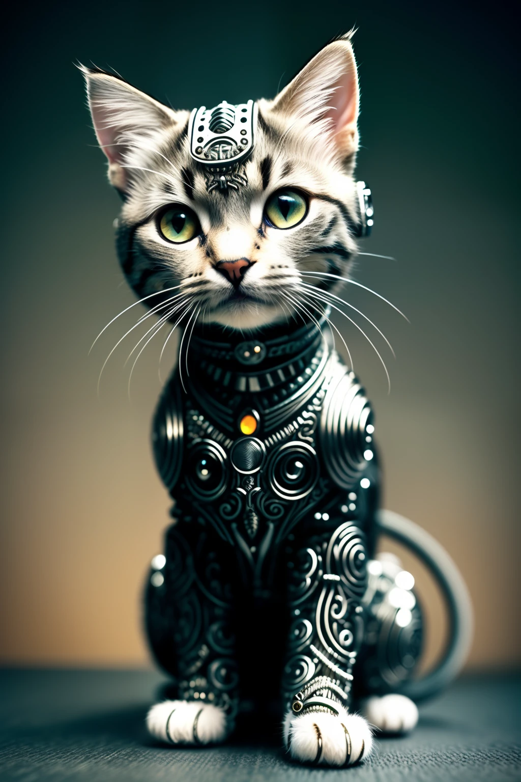 a cute kitten made out of metal, (cyborg:1.1), ([tail | detailed wire]:1.3), (intricate details), hdr, (intricate details, hyperdetailed:1.2), cinematic shot, vignette, centered