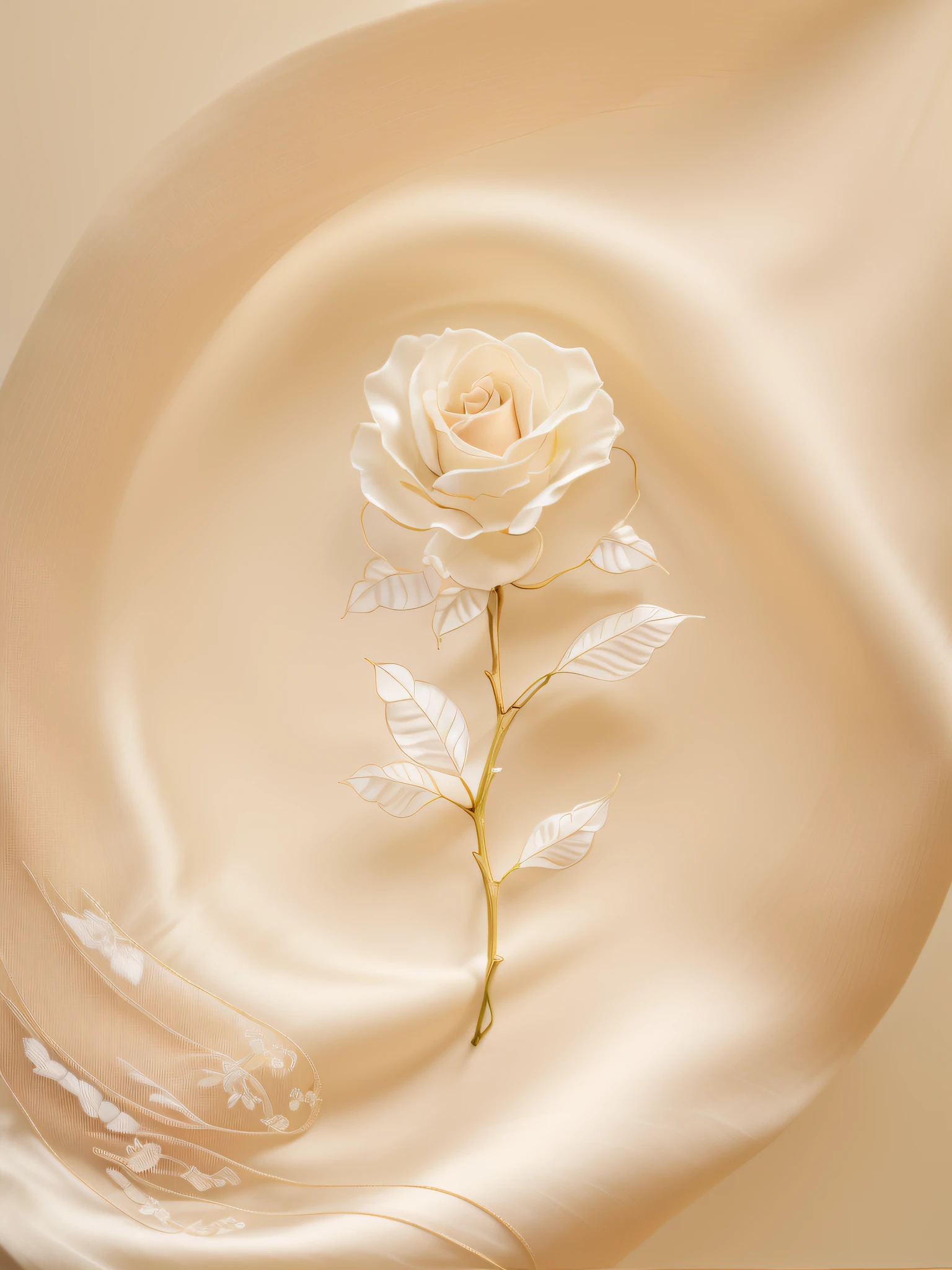 (Masterpiece:1.1),(The best quality:1.1),White silk,Silk fabric,White delicate ribbon,Realistic details,Beige,smooth,Clear satin taffeta,Meticulous photo still life style,Intricate,whimsical details,Light beige and white,Swing curve