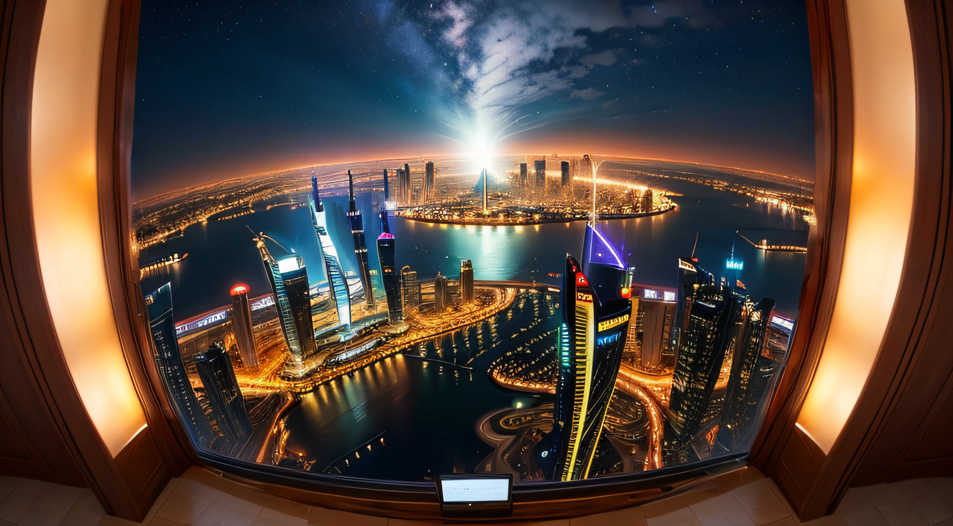 create a luxurious casino room with night view of the Dubai city through glass, Dubai night city