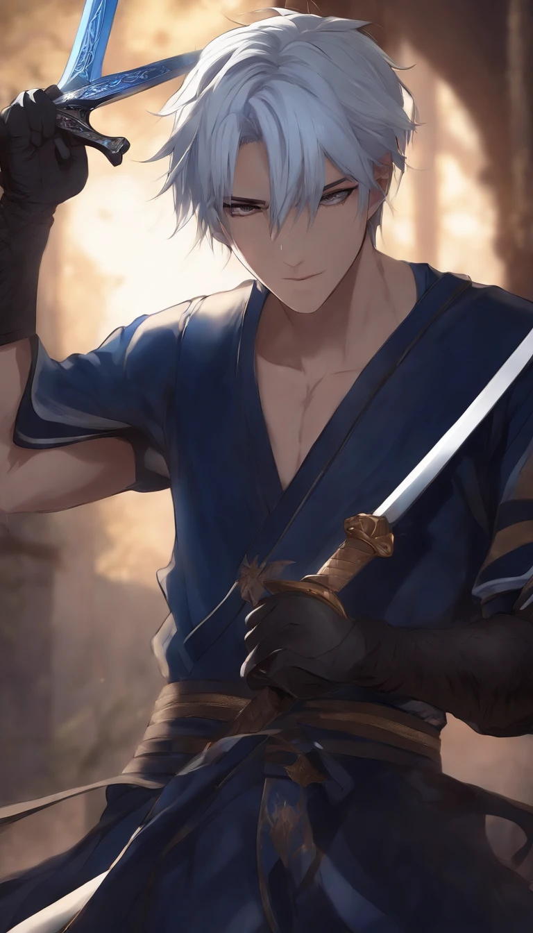 Create a Japanese anime style character, male with short platinum hair, wearing a dark blue costume, holding a sword, with 4 long scars on his face, about 20 years old