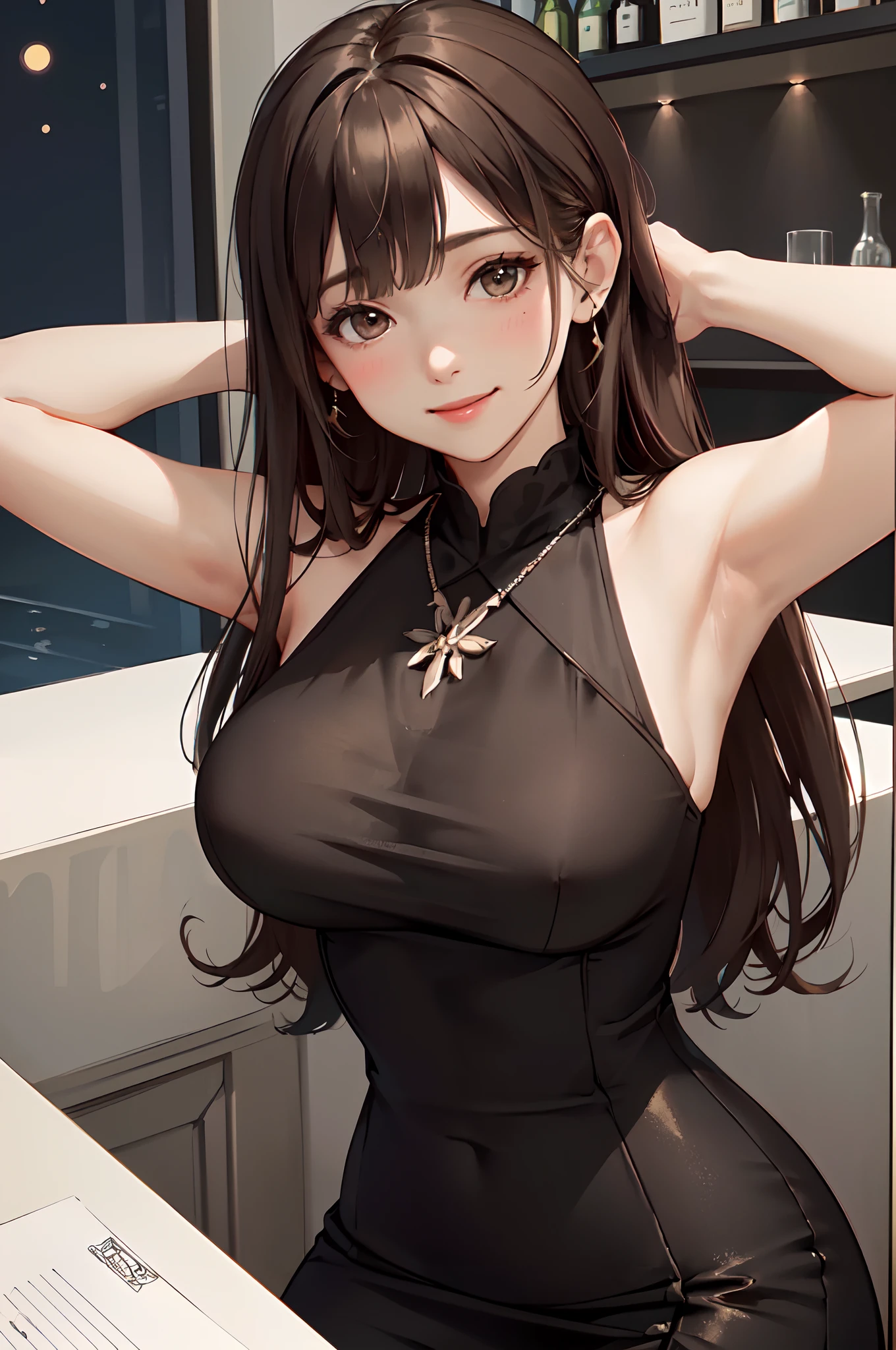 1lady solo, mature female, /(pencil dress/) /(black dress/) necklace, /(brown hair/) bangs, blush kind smile, (masterpiece best quality:1.2) delicate illustration ultra-detailed, large breast, arms down, /(bar counter night/)