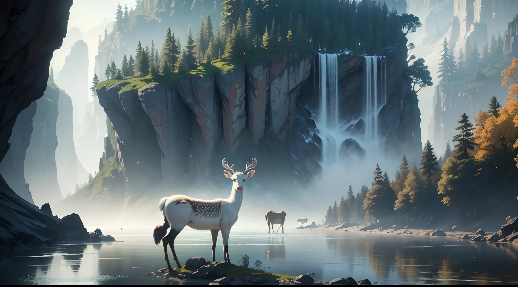 analogue style,ChromaV5,nvinkpunk,(Extremely detailed Cg Unity 8K wallpaper),Image of a majestic river, Trees on both sides, small waterfalls,Seven white sika deer playing by the river, White deer,dense fog ,award winning photography, color difference, Detailed , hdr, full bloom, Monet style, Pissarro, and Sisley ,trending on artstationh, trending on CGSociety, art by midjourney