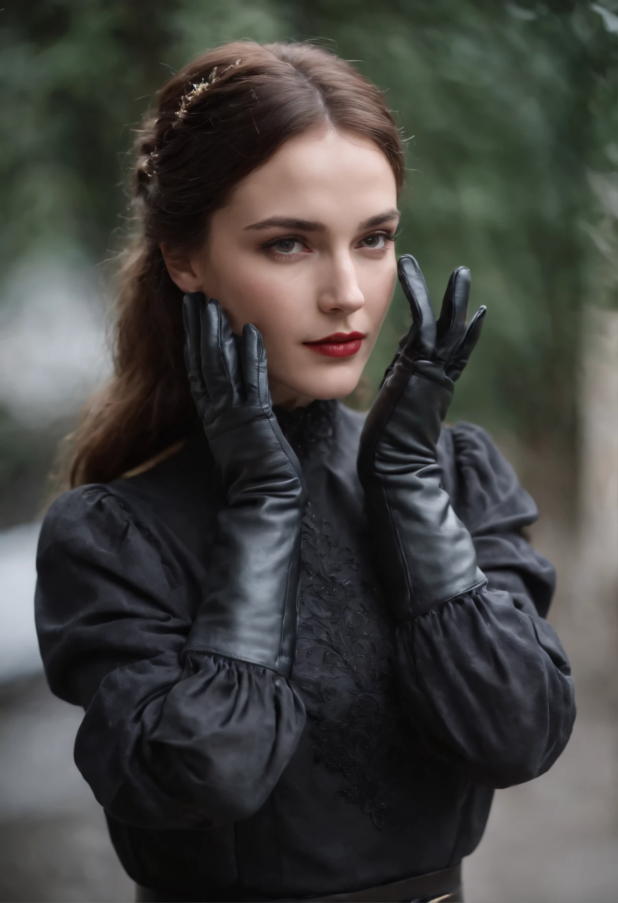 Black leather gloves with five fingers in both hands, a mysterious queen whose face and whole body are veiled