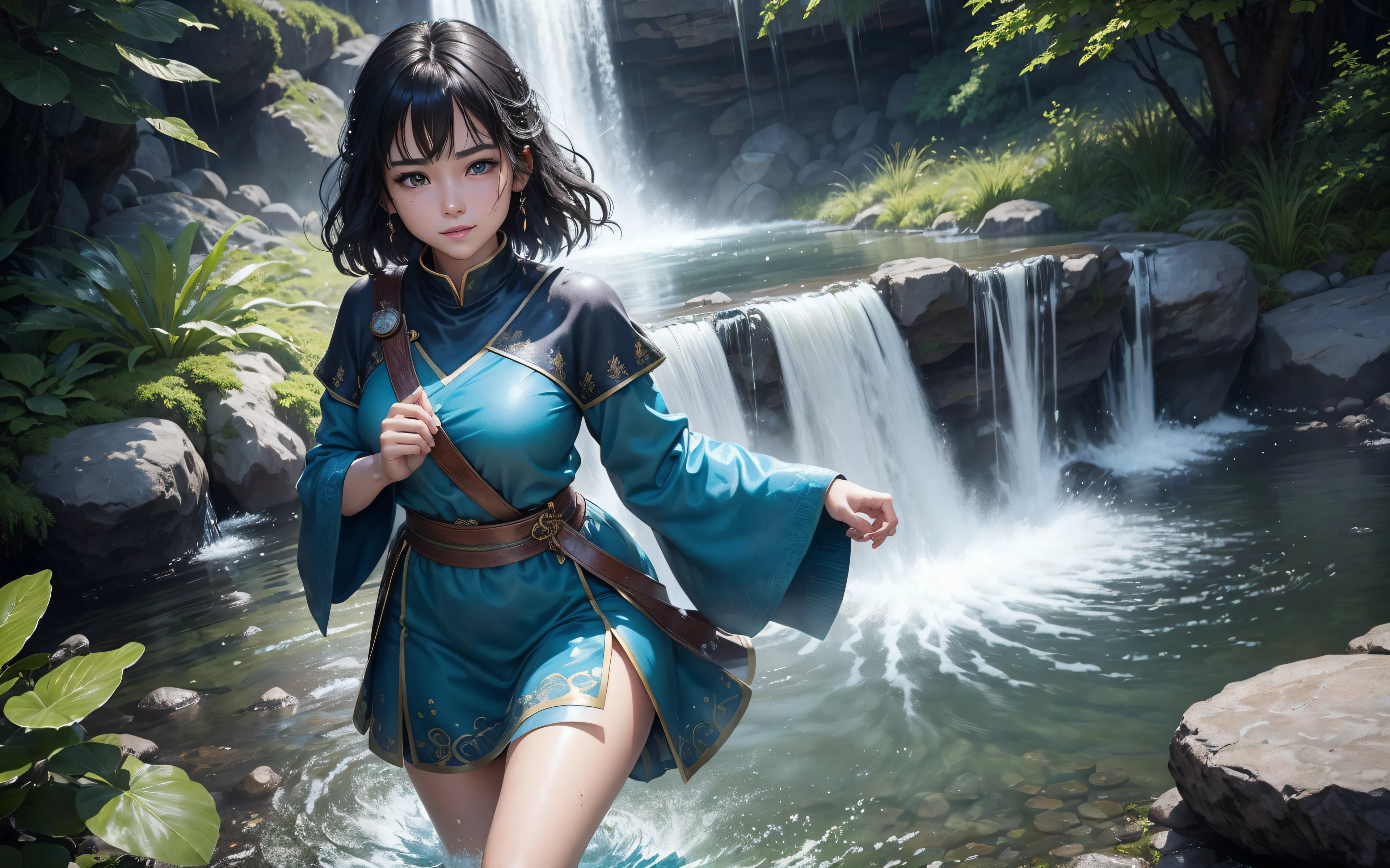 masterpiece, best quality, highres, 1girl, solo, black hair, hairband, belt, short hair, dress, blue eyes, hair bun, green hairband, blind, chinese clothes, hair bun, green dress, short sleeves, pelvic curtain, barefoot, fighting stance, rock, outdoors, --auto