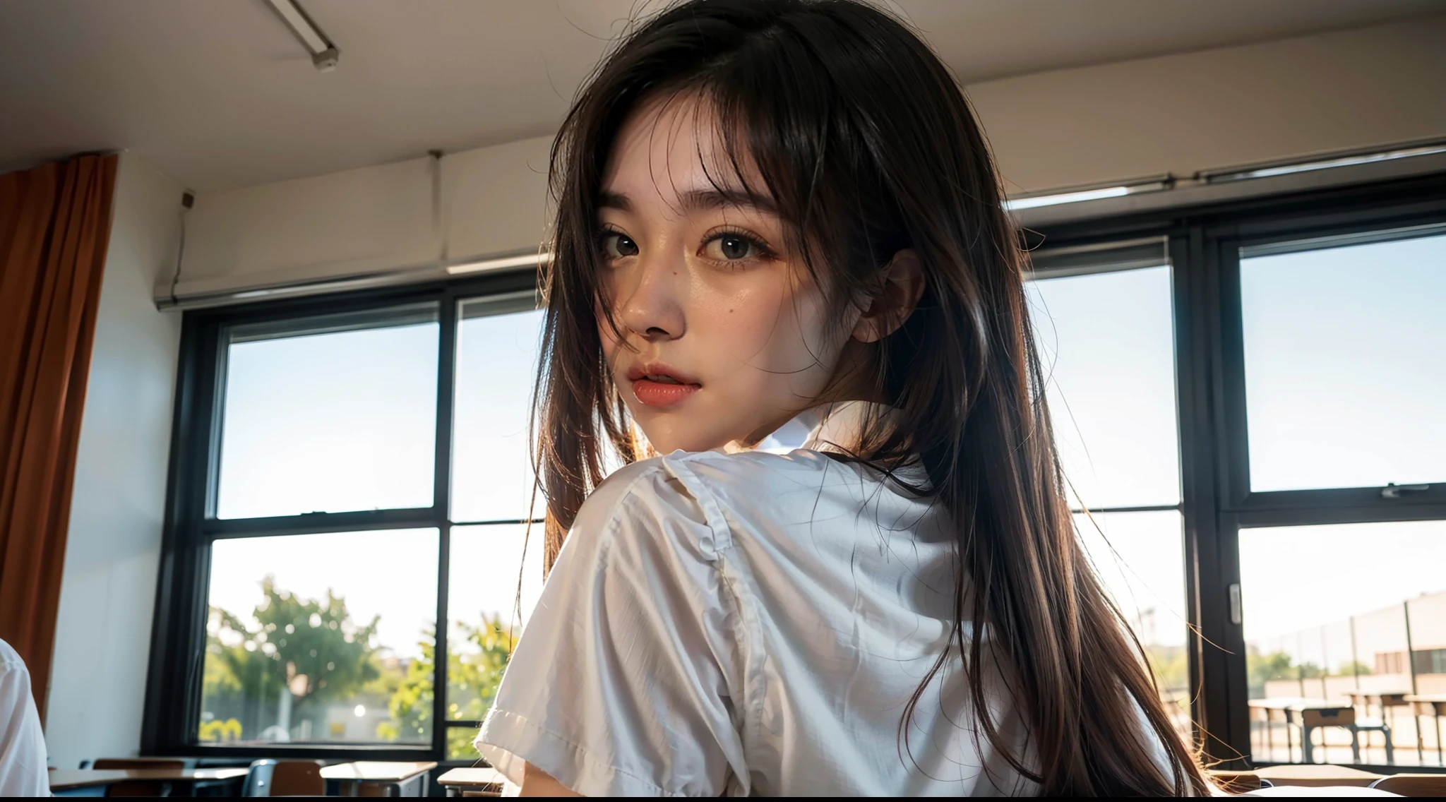 Bright eyes, smart eyes, realistic beauty, 4K HD picture quality in the classroom, pure style, white school uniform, orange light see-through, characters looking back, flowing long hair, cute and playful