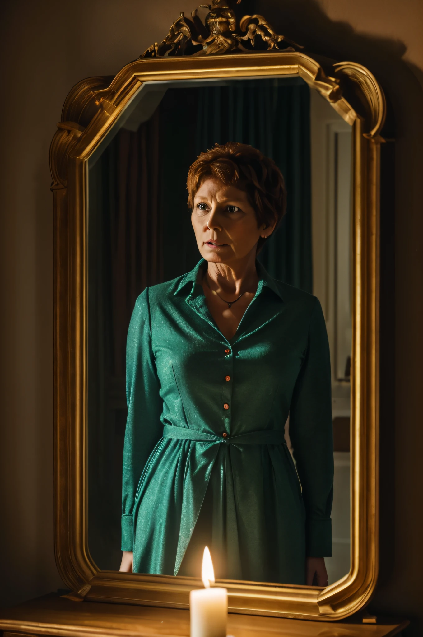 The Monster's Reflection
In a room bathed in shades of #F2E8C6 and #A73121, Yolande, dressed in an outfit that seems to be selling time itself, stares into a mirror. The reflection reveals a creature with a #4D2DB7 glow effect, mirroring her every move. The walls of the room are lined with old books, their pages yellowed with age. A single candle burns on a table, its flame flickering as if disturbed by an unseen presence. Suddenly, the mirror cracks, and a blood-curdling scream can be heard. As the cracks spread, they form the shape of a monstrous face, and from the ceiling, spiders begin to descend, surrounding Yolande in a web of terror.