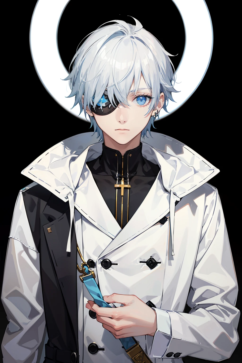 White-colored skin，White-colored skin，light blue  eyes，lightblue hair、Industrial earrings，crosses，bandaged，Eye patch over left eye、short detailed hair，Handsome，shoun，Highest image quality，male people，hoods，Martin Boots，crosses，crosses，nighttime scene，Black inner，Black pantsuit