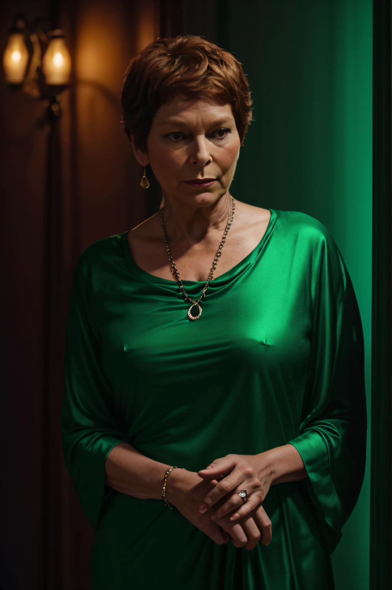Prompt 1:
In a dimly lit room, Yolande, a woman of 60 years, stands confidently. Her t-shirt, a shade of emerald green, seems to glow with a neon halo effect. The ambiance is charged with sensuality, and the glow adds an ethereal touch to the scene. The atmosphere is thick with anticipation, and every shadow seems to dance with Yolande's every move.