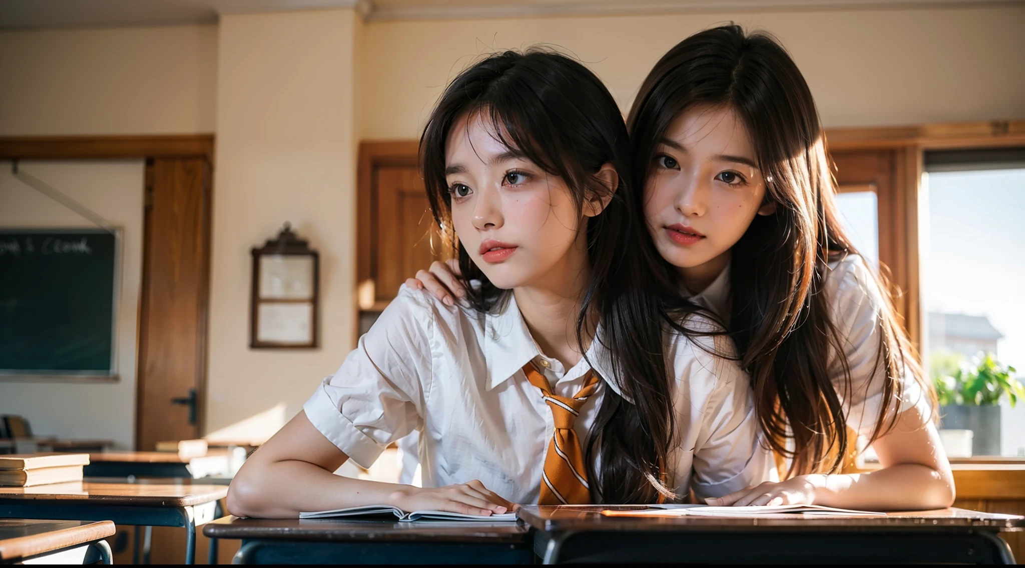 Realistic beauty in the classroom 4K HD picture quality Pure style White school uniform Orange light translucence Characters turn back the moment flowing long hair cute and playful