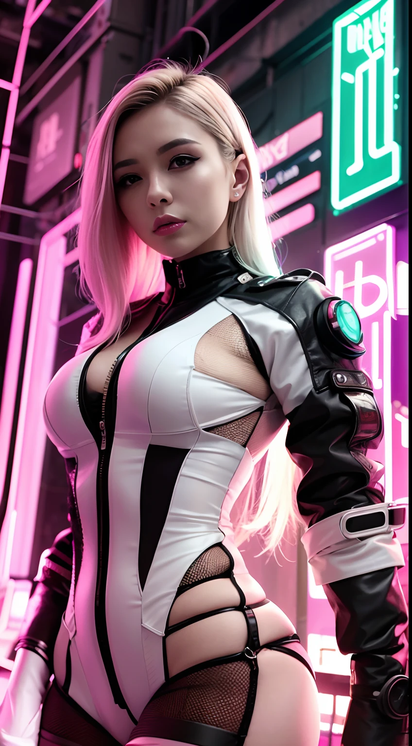 Blonde woman in futuristic outfit poses in front of neon lights, dreamy cyberpunk girl, cyberpunk with neon lighting, bright cyberpunk glow, cyber punk style, cyberpunk photo, in cyberpunk aesthetic, cyberpunk lighting, cyberpunk bodysuit, Cybernetics glows, white cyborg fashion shot, cyberpunk atmosphere, in a cyberpunk setting, muted cyberpunk style, cables on her body