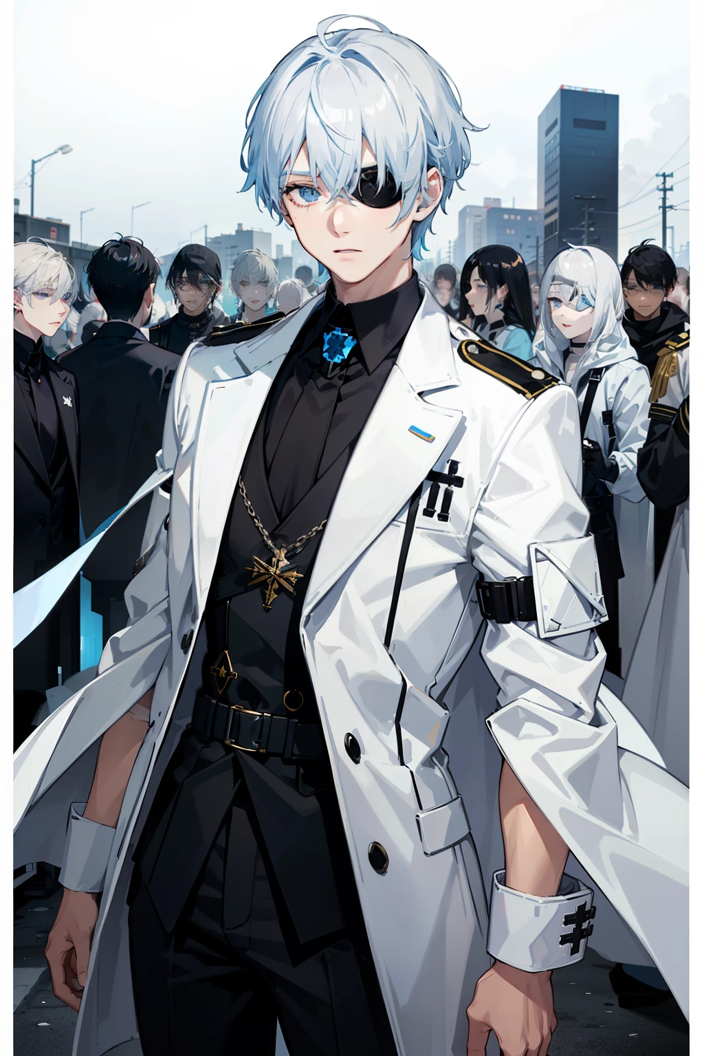 White-colored skin，White-colored skin，light blue  eyes，lightblue hair、Industrial earrings，crosses，bandaged，Eye patch over left eye、short detailed hair，Handsome，shoun，Highest image quality，male people，hoods，Martin Boots，crosses，crosses，nighttime scene，Black inner，Black pantsuit