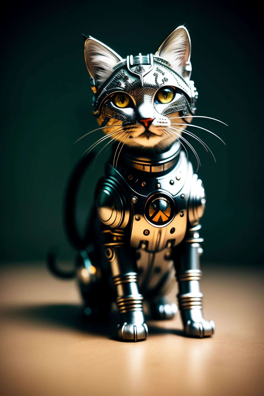 a cute kitten made out of metal, (cyborg:1.1), ([tail | detailed wire]:1.3), (intricate details), hdr, (intricate details, hyperdetailed:1.2), cinematic shot, vignette, centered
