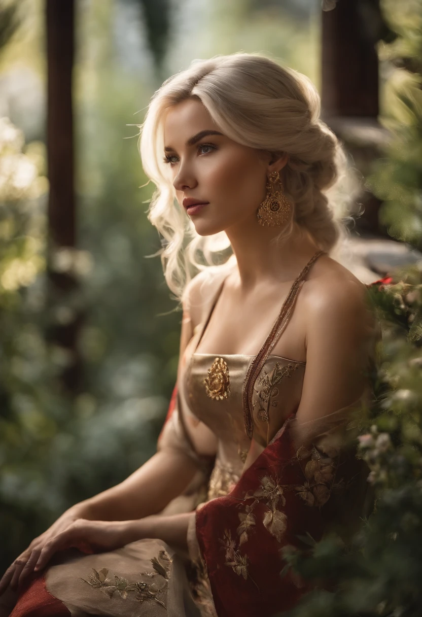 Cirilla Fiona Elen Riannon,(From the outside) , many color,Best quality at best,8K,real photograph,Delicate skin details,tmasterpiece,photograph of-realistic,Complicated details,RAW photogr,on the garden,ssmile,florals,Gorgeous cheongsam,Extra-long hair,cropped shoulders,delicated face,Expose cleavage,decorations,Perfect Finger,Dissection is correct,(Huge room,0.8),big cuvy hips,shot from rear,shiny skins