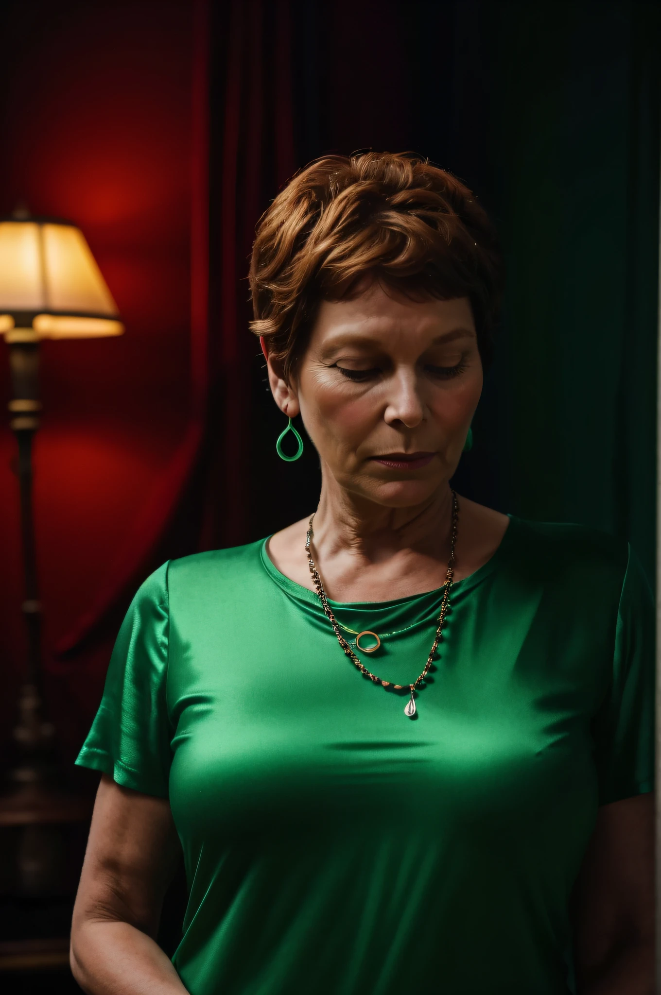 Prompt 1:
In a dimly lit room, Yolande, a woman of 60 years, stands confidently. Her t-shirt, a shade of emerald green, seems to glow with a neon halo effect. The ambiance is charged with sensuality, and the glow adds an ethereal touch to the scene. The atmosphere is thick with anticipation, and every shadow seems to dance with Yolande's every move.