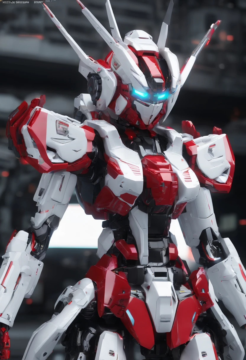 Gundam Mech , Feminine body line,Light equipment,Delicate structure,Science fiction, frontage,Coming to the viewer,Fighting figure, Sense of technology, C4D, OC Renderer, Unreal Engine, high detailing, industrial design, 8K HD, studio lights,Futuristic city night view background(Best Quality,4K,High resolution), Metallic Color:red and white,Pupil light emission,Cat-motif design,Sharp rounded body lines,The structure of the female body,Patlabor