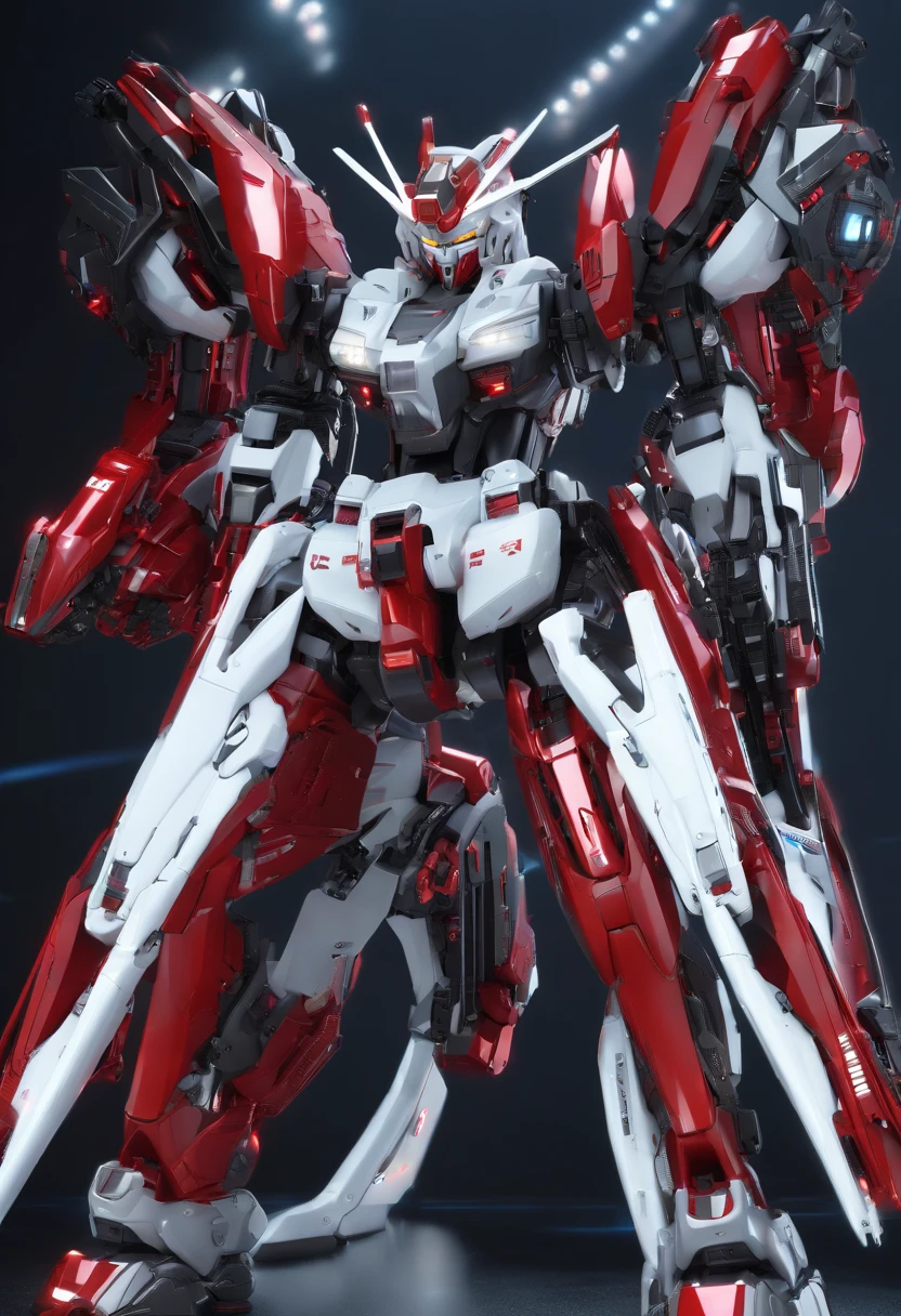 Gundam Mech , Feminine body line,Light equipment,Delicate structure,Science fiction, frontage,Coming to the viewer,Fighting figure, Sense of technology, C4D, OC Renderer, Unreal Engine, high detailing, industrial design, 8K HD, studio lights,Futuristic city night view background(Best Quality,4K,High resolution), Metallic Color:red and white,Pupil light emission,Cat-motif design,Sharp rounded body lines,The structure of the female body,Patlabor