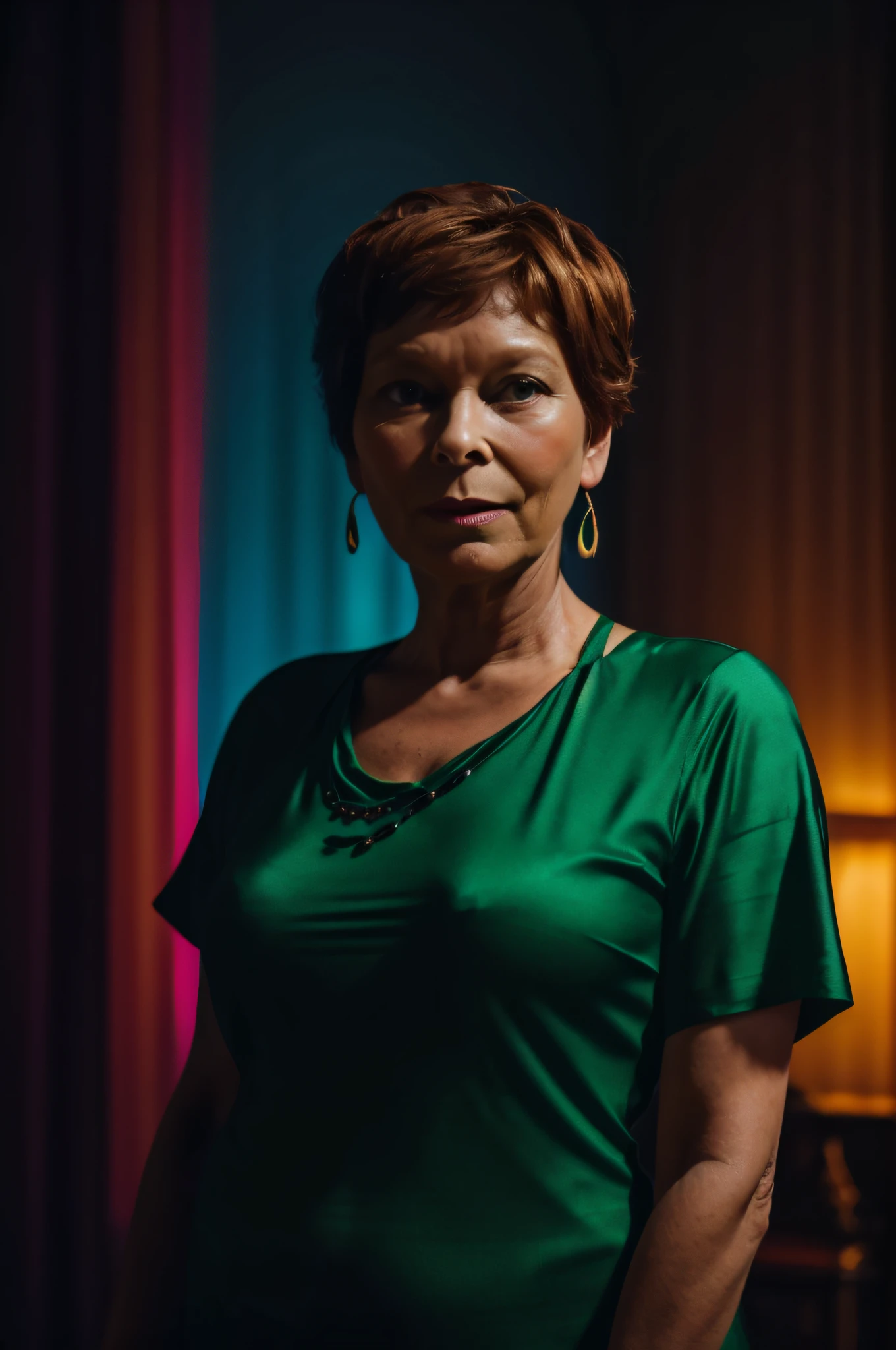 Prompt 1:
In a dimly lit room, Yolande, a woman of 60 years, stands confidently. Her t-shirt, a shade of emerald green, seems to glow with a neon halo effect. The ambiance is charged with sensuality, and the glow adds an ethereal touch to the scene. The atmosphere is thick with anticipation, and every shadow seems to dance with Yolande's every move.