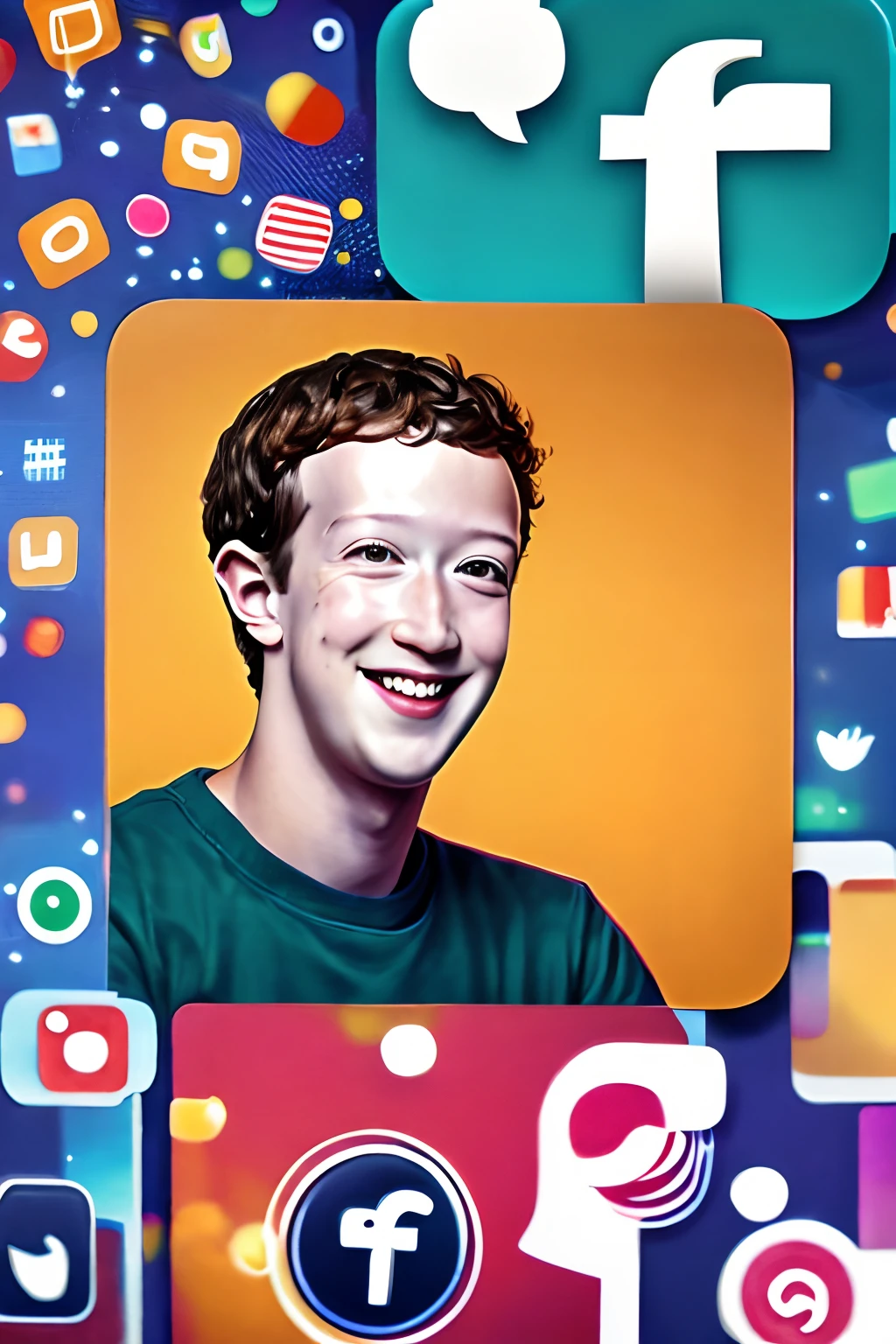Mark Zuckerberg com icones do whatsapp, do facebook e do instagram flutuando ao redor dele, He's surprised, abstrato.