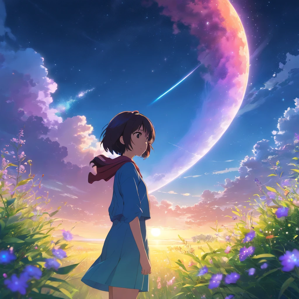 By Shinkai Makoto, Vast landscape photos , (a view from below that shows sky above and open field below), Maiko standing in a flower garden and looking up, (fullmoon:1.2), ( shooting stars:0.9), (nebulas:1.3), distant mountain, Tree Break Production Art, (Warm light source:1.2), (firefly:1.2), apples, lot of purple and orange, Intricate details, Volumetric Lighting BREAK (masutepiece:1.2), (Best Quality), 4K, Ultra-detailed, (dynamic compositions:1.4), Highly detailed, Colorful Detail,( Iridescent colors:1.2), (Glowing lighting, Atmospheric lighting), Dreamy, Magical, (Solo:1.2)