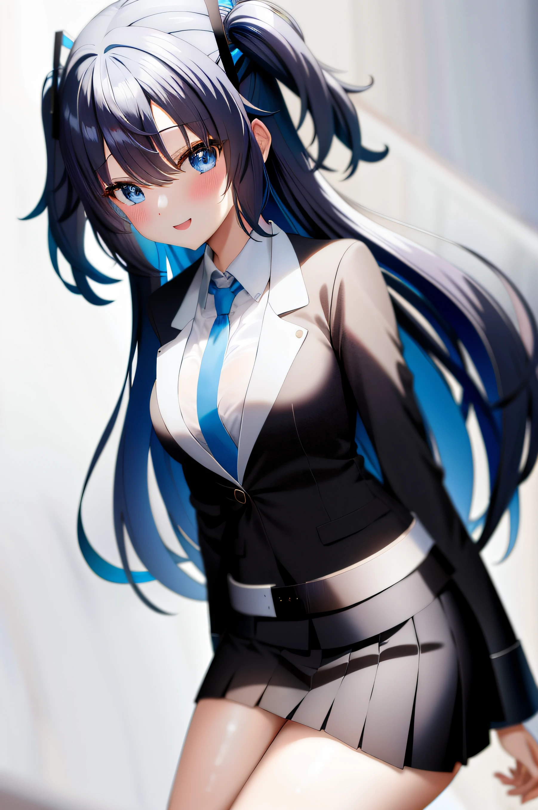 1girl, Bangs, Belt, Black jacket, Black skirt, Blue tie, Blushing, Chest, Collared shirt, Formal, Hello, Hands at waist, ID card, Jacket, Long hair, Long sleeve, View Viewer, Middle chest, Multicolored jacket, Tie, Off shoulder, Open clothing, Open jacket, Parted bangs, Pleated skirt, Blue eyes, Blue hair, Shirt, Simple background, Skirt, Smile, Solo, Suit, Both sides up, White background, white obi, white jacket, white shirt, Yuka (Blue Archive), masterpiece, Hi-Res, (Best Quality: 1.2)