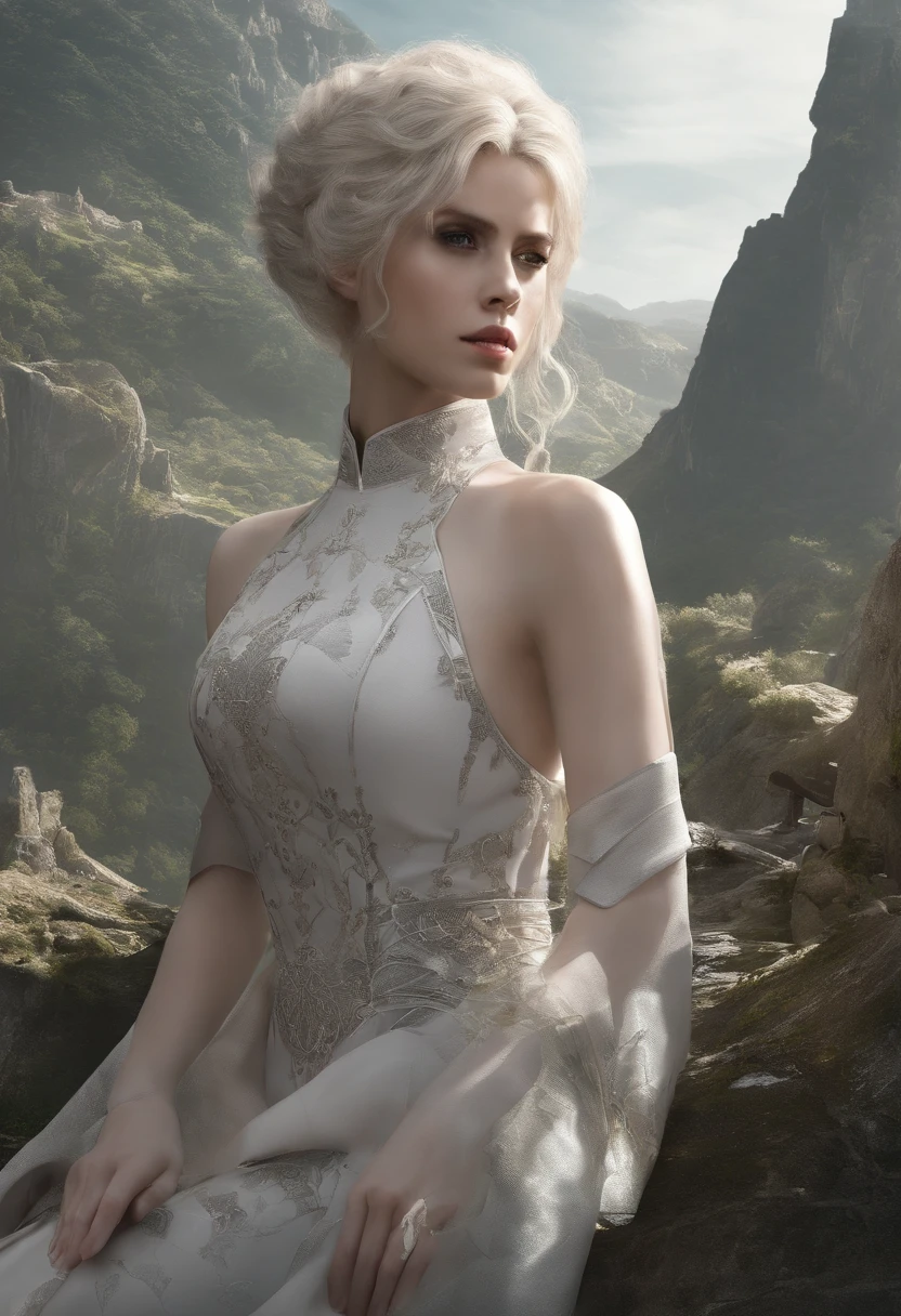 Cirilla Fiona Elen Riannon，（From the outside） ， many color，Best quality at best，8K，real photograph，Delicate skin details，tmasterpiece，photograph of-realistic，Complicated details，RAW photogr,on the garden，ssmile，florals，Gorgeous cheongsam，Extra-long hair，cropped shoulders，delicated face，Expose cleavage，decorations，Perfect Finger，Dissection is correct，(Huge room，0.8)，big cuvy hips，shot from rear，shiny skins