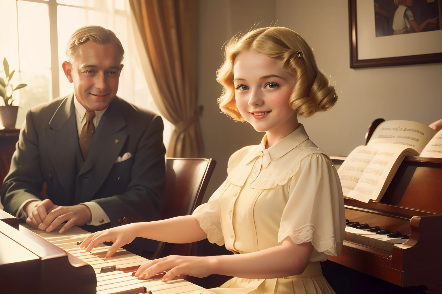Year: 1939. Location: Memphis, Tennessee. pre-raphaelite tween blonde girl, playing the piano with her dad, smiling, ((daylight)), ((1930s rich clothes)) ((1930s hairstyle)) ((in the style of "OMITB")) ((cinematic style))