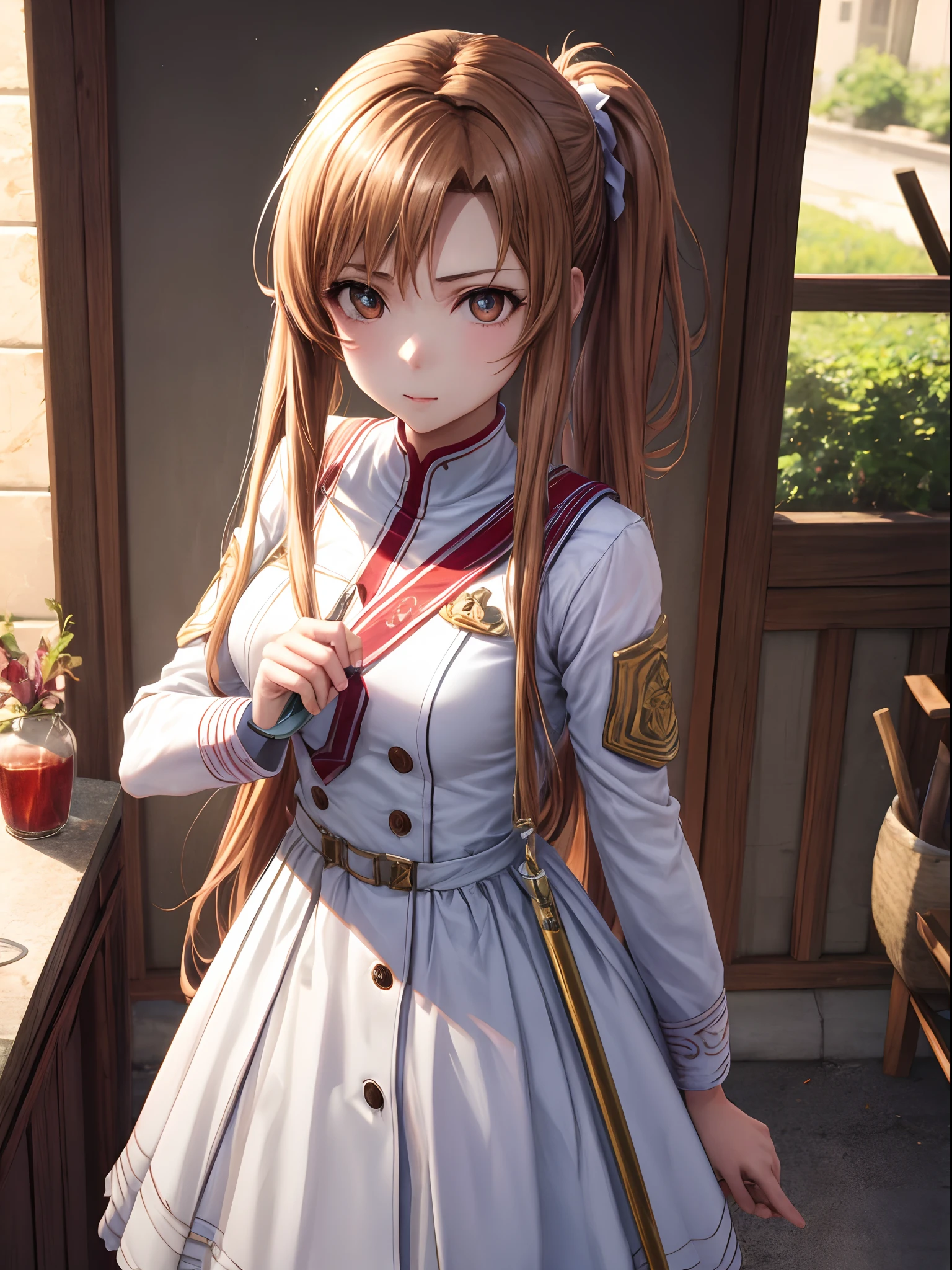 best pictures, masutepiece, ​masterpiece、kawaii、super precision、sword in hands[[rapier:1.10]]、High quality anime girl with brown hair and brown eyes、[3D images:1.25],[[Attractive eyes,A detailed eye、radiant eyes, Colorful eyes:1.15]]、Overall front view、poneyTail、Solo Girl,White uniform, 8k picture, best qualtiy，hight resolution、Dress correctly、best pictures, masutepiece, Photorealistic, High resolution, Soft light, Attractive eyes that make you feel sucked in