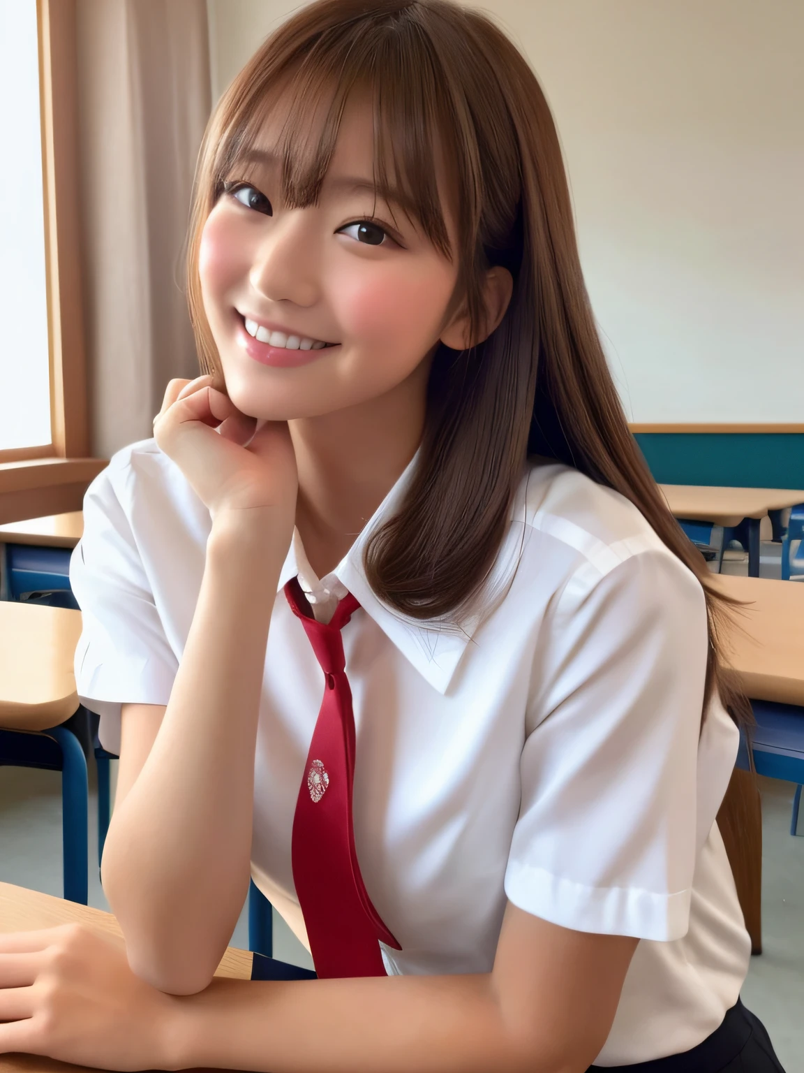 masterpiece, upper body shot, a Japanese young pretty woman, sitting a chair and putting cheeks on cheeks with big smile, glamorous figure, wearing a short sleeves white collared shirt with shiny red satin plain bow tie, absolutely pretty face, glossy lips, double eyelids in both eyes, Natural makeup, long eyelashes, shiny smooth light brown hair of medium length, asymmetrical bangs, tanned skin, in the classroom, head frame, central image, 8K resolution, high detail, detailed hairstyle, Detailed Face, spectacular cinematic lighting, octane rendering, vibrant, hyper realistic, perfect limbs, perfect anatomy