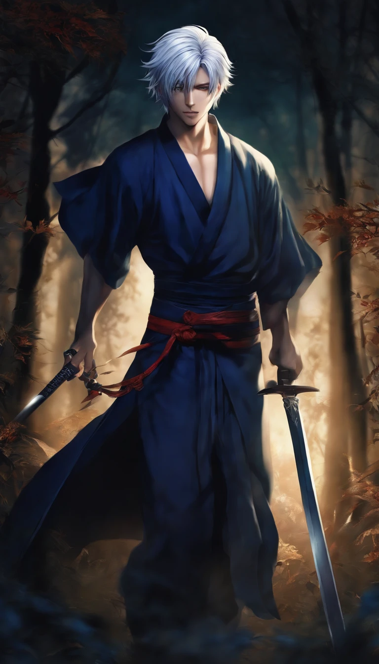 Created the character Yamada Asaemon Shion in the Hell's paradise series, Japanese anime style, male with short platinum hair, wearing a dark blue costume, holding a sword, with 4 long scars on his face, about 20 year old