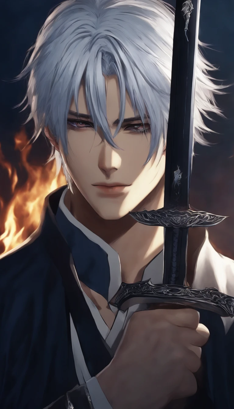 Created the character Yamada Asaemon Shion in the Hell's paradise series, Japanese anime style, male with short platinum hair, wearing a dark blue costume, holding a sword, with 4 long scars on his face, about 20 year old