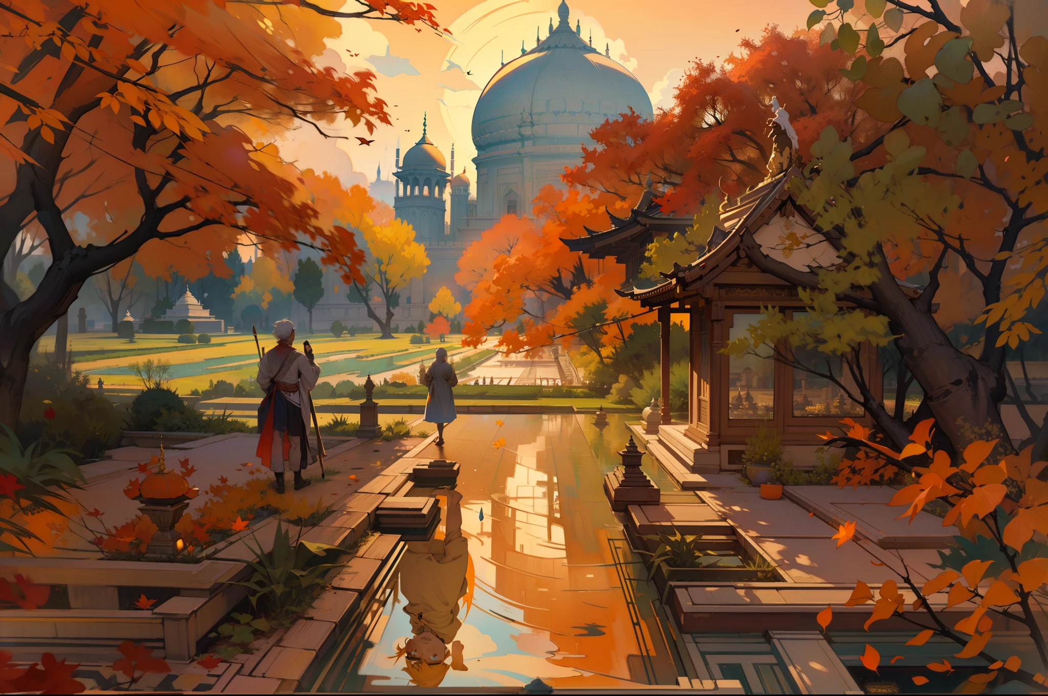 Cartoon watercolor & Oil painting illustration,Jintai Temple,The grandeur of the Taj Mahal is on display,The tree,Red maple leaf,Reflection on the surface of the water,Peaceful autumn sunset, In the style of Liam Wong, serenequietude, 2D game art, UHD image, vibrant paint palette, Pixelated landscape:: Cartoon watercolor & Oil painting by Joseph Christian Leandecker & Shepard Fairley & James Jean & Anders Zorn & Jeremy Mann & Alphonse Mucha, Taj mahal,thai temple,golden time,There are acacia trees, Motion graphics, flowerpunk, Afropunk, Intricate details, Dynamic, Dramatic lighting, The light from the back window is backlighted, raking light, vivd colour:: Erin Hansen & Donato Giancola's & Nicolas de Starr, Sunset, A magnificent Thai-style temple next to the Taj Mahal,Reflection on the surface of the water ,Large acacia tree, cumulus cloud, ultra - detailed, Cinematic lighting, Long shadows, Saturation contrast