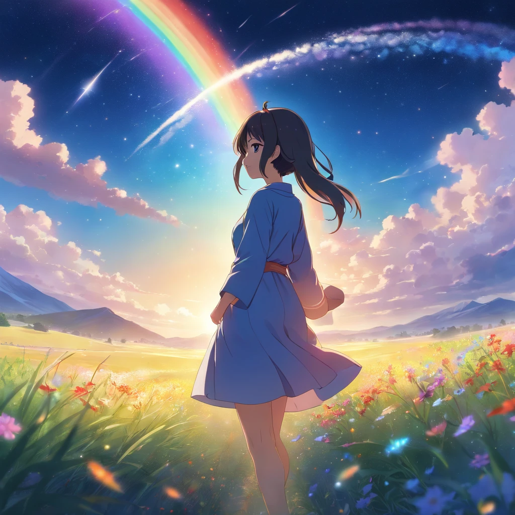 Maiko, vast landscape photo, (view from below showing the sky above and open field below), Maiko standing in a flower field looking up, (Full moon: 1.2), (Shooting star: 0.9), (Nebula: 1.3), Distant Mountains, Tree Break Production Art, (Warm Light Source: 1.2), (Fireflies: 1.2), Apples, Lots of Purple and Orange, Intricate Details, Volumetric Lighting BREAK (Maste Piece: 1.2), (Best Quality), in 4K, Super Detailed, (Dynamic Composition: 1.4), Highly Detailed, Colorful Details, (Rainbow Colors: 1.2), (Shining Lighting, Atmospheric Lighting), Dreamy, Magical, (Solo: 1.2)